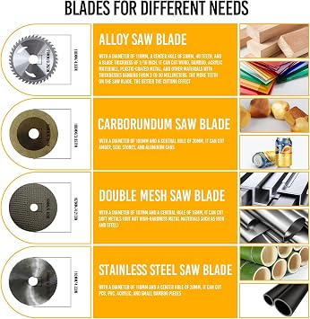2 in 1 Mini Table Saw-Saw blades. Four different saw blades, with a blade diameter of 110 mm, a bore diameter of 20 mm, and a maximum cutting depth of 3-30 mm, designed specifically for small saws.