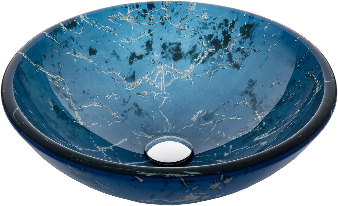 Jano JGV17 Blue Marble Tempered Glass Vessel Bathroom Sink With Pop-up Drain