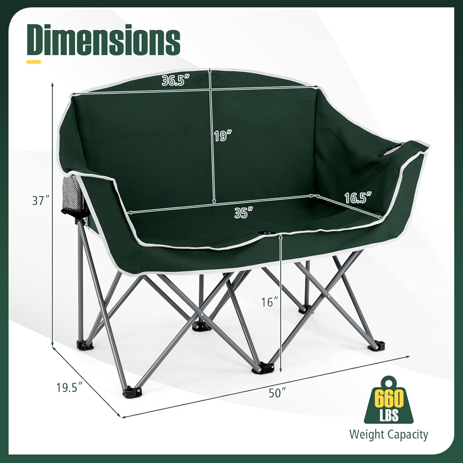Goplus Double Camping Chair, Folding 2-Person Couch w/2 Cup Holders, Dual Back Pockets, Heavy-Duty Metal Frame, Oversized Duo Lawn Chair for Adults, Perfect for Backyard, Patio, Beach(Green)