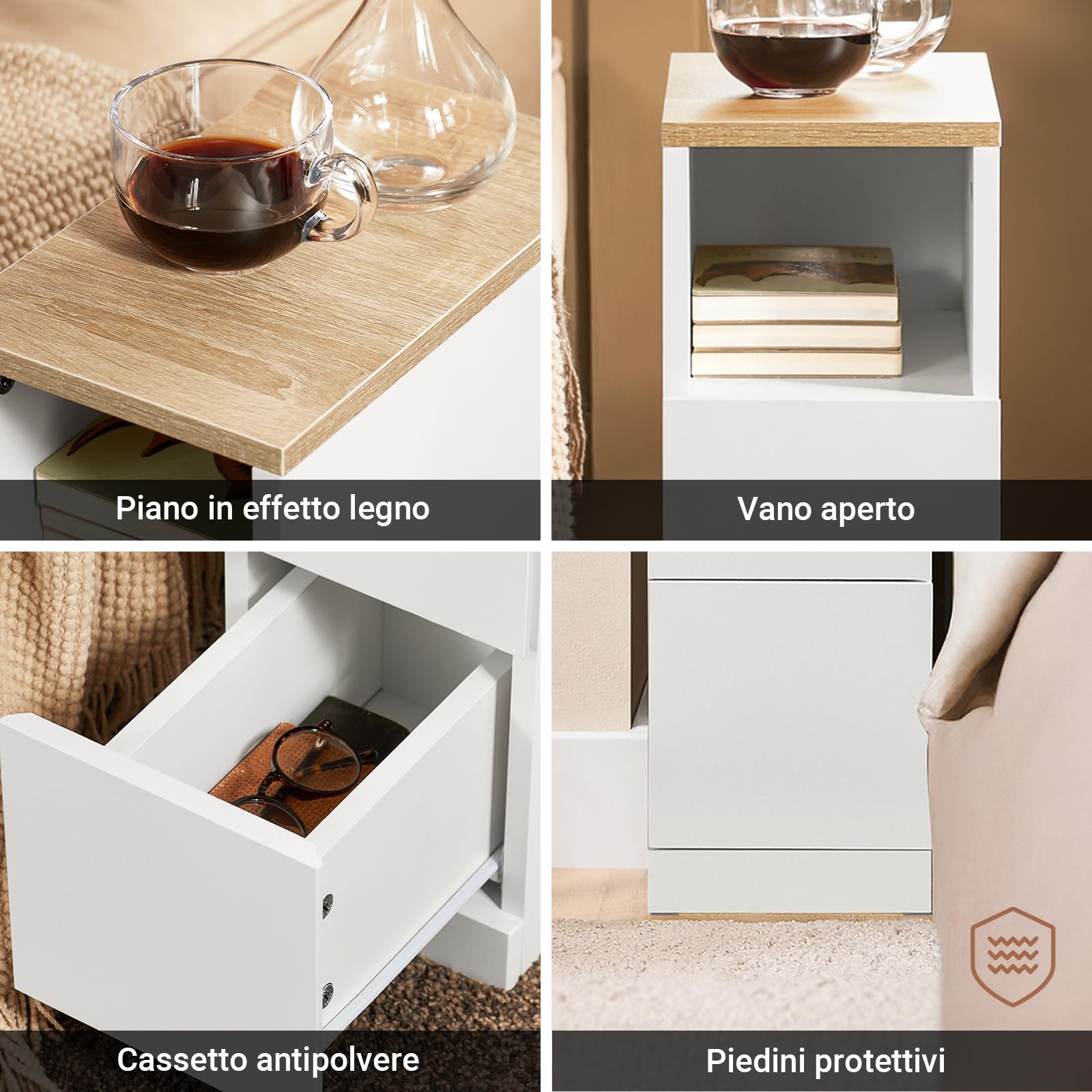 SoBuy comodino camera da letto stretto 20 cm, 2 cassetti tavolino da letto & tavolino salotto, salvaspazio per spazi stretti, ideale per inquilini e letto a molle, bianco, 20x35x60 cm, FBT149-WN