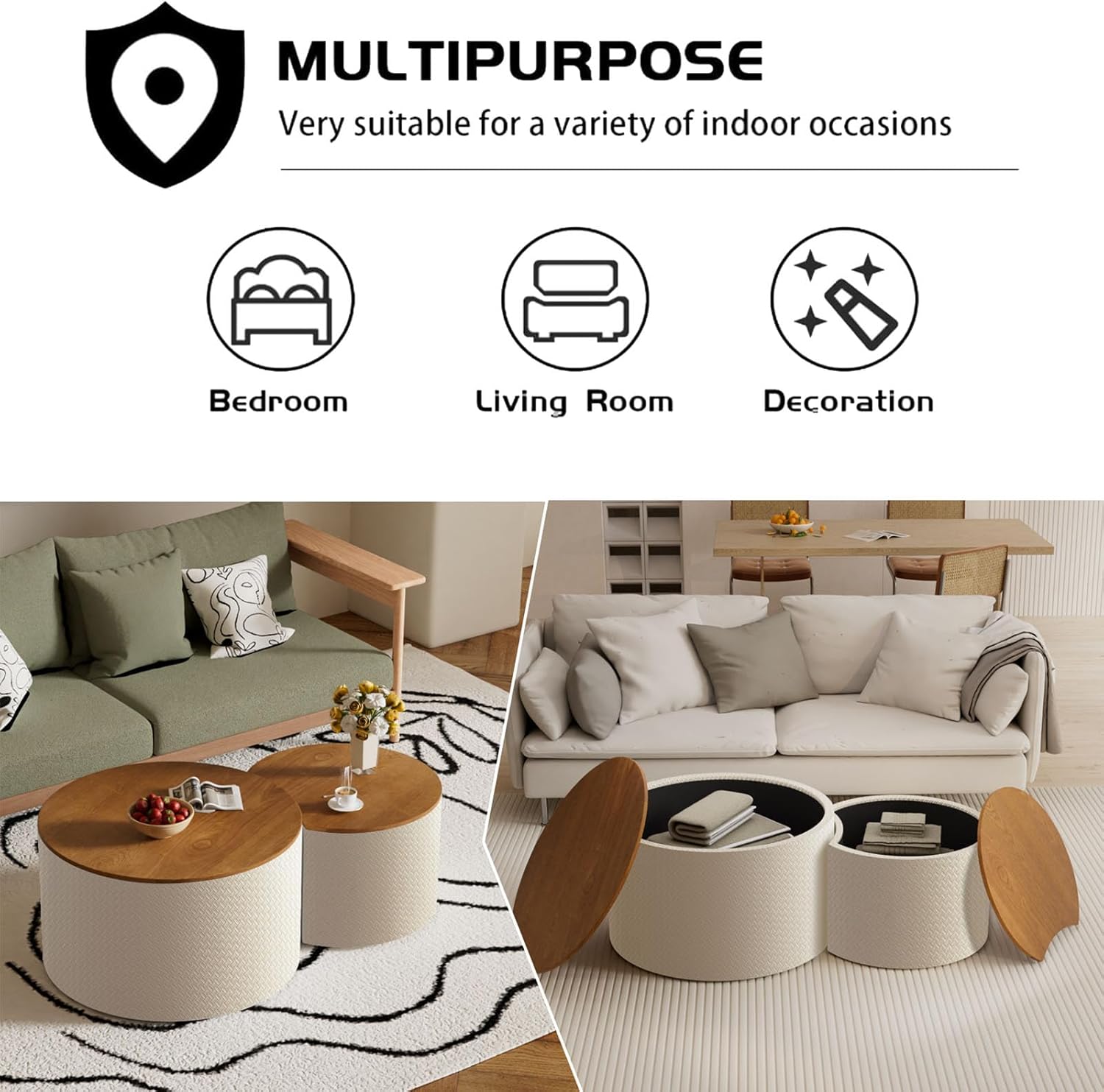 Nesting Coffee Table Set of 2, Round Nesting Wooden Coffee Tables Upholstered Circle Side/Sofa Table Set for Small Space Living Room Bedroom Apartment No Assembly Required (White)