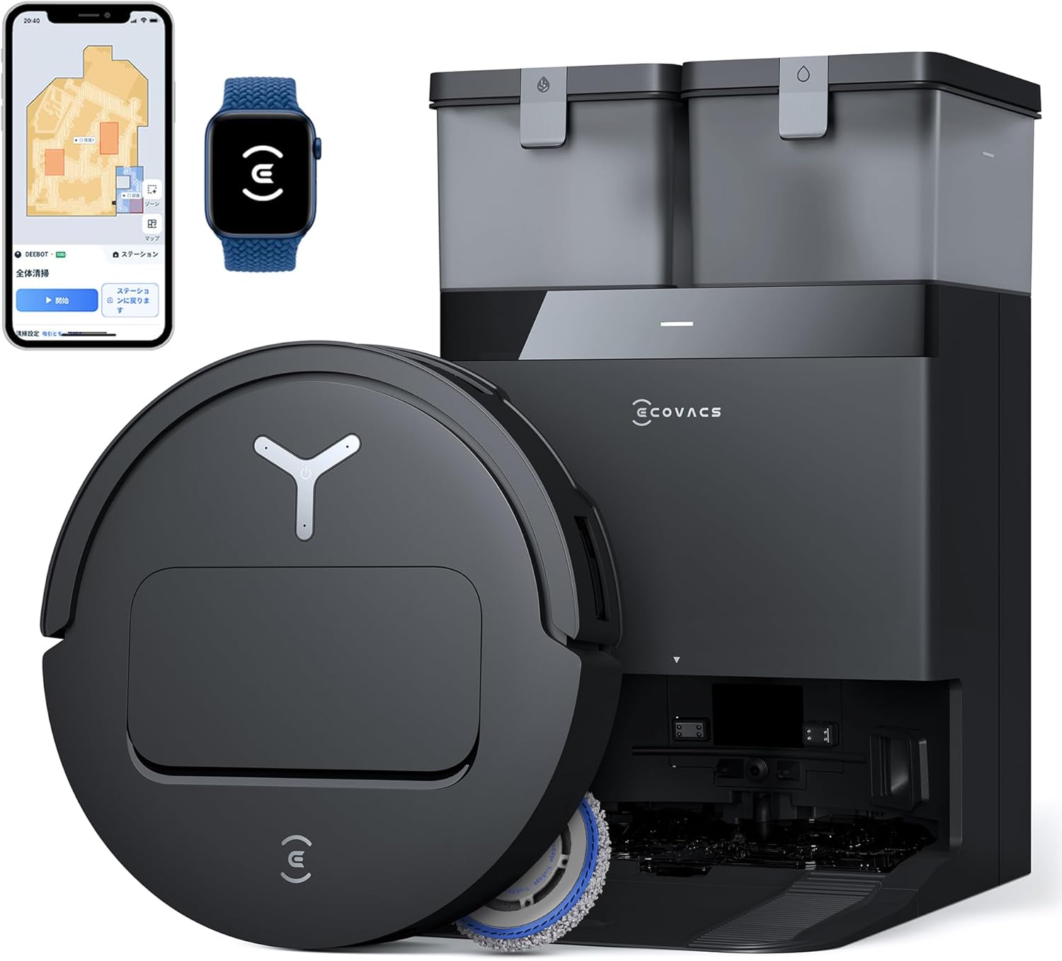 【超薄全能型】ECOVACS(エコバックス) T50 OMNI ロボット掃除機 15000Pa強力吸引 加圧回転式デュアルモップ 水拭き 両用 毛絡まない モップ洗浄 自動ゴミ収集 高精度マッピング お掃除ロボット ブラック