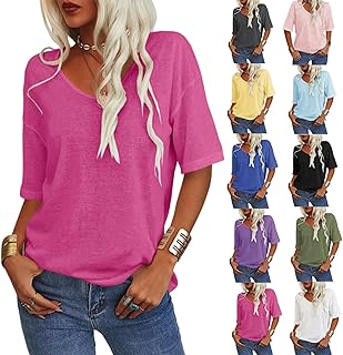 Tranquilm T Shirts, Tranquilm Women's Solid Color V-Neck T-Shirt, Half Sleeve Loose Fit tee Shirts for Women Summer