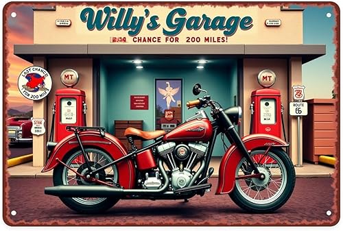Red Motorcycle Gas Station Tin Sign Vintage Willy's Garage Route 66 Metal Sign Print Aesthetic for Garden Yard Bar Porch Home Bedroom Kitchen Wall