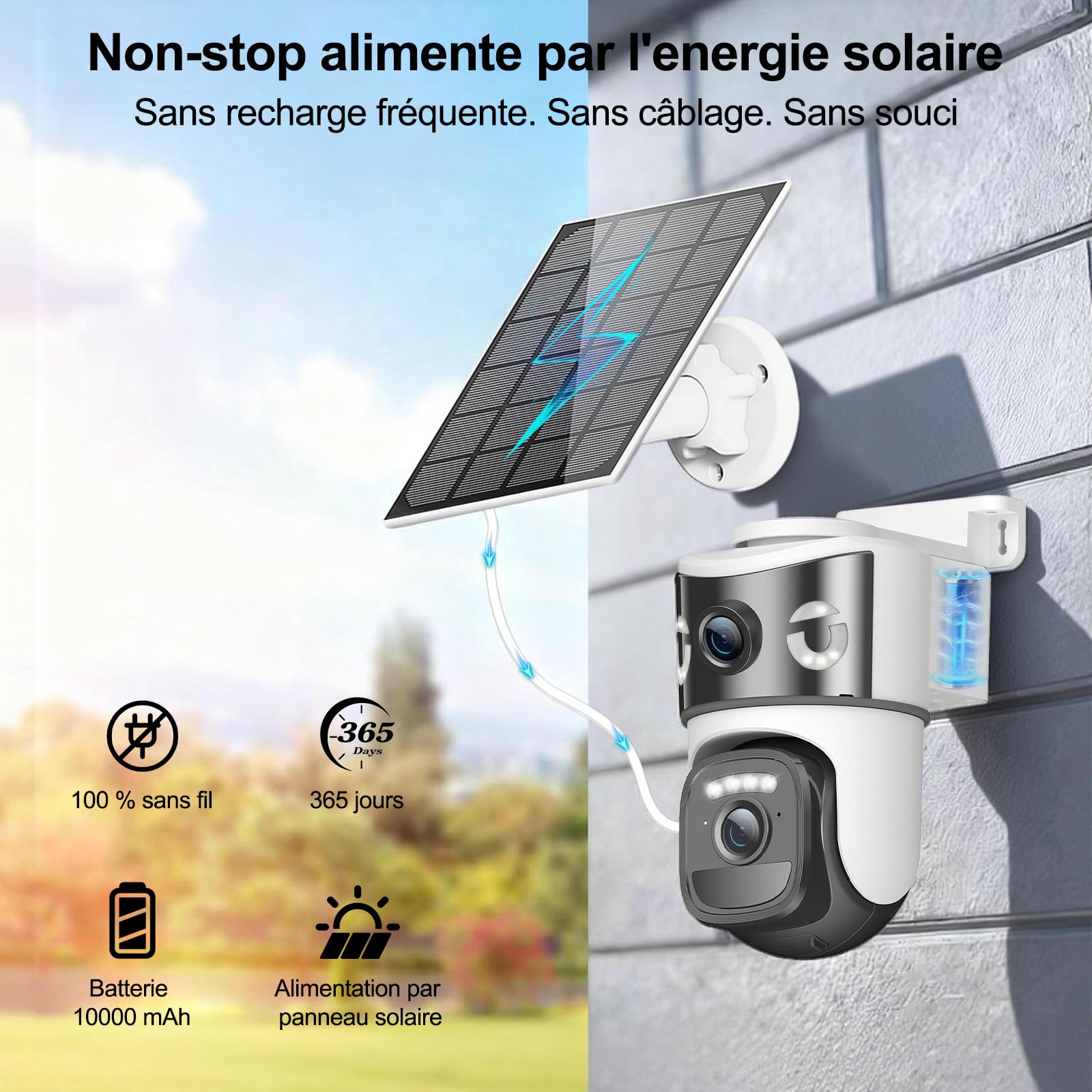 8MP Caméra de Surveillance WiFi Extérieure sans Fil,4K Double Objectif Camera Extérieur Solaire avec Panneau,355° PTZ,Vision Nocturne,Suivi Automatique,PIR Détection Humaine,Audio Bidirectionnel,IP66