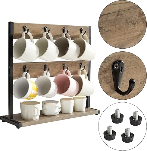 Miniatura 4 de IBUYKE Soporte de Madera para Tazas de Café para Encimera, Soporte para Árbol de Tazas de 16 Ganchos con Base de Almacenamiento, Organizador de