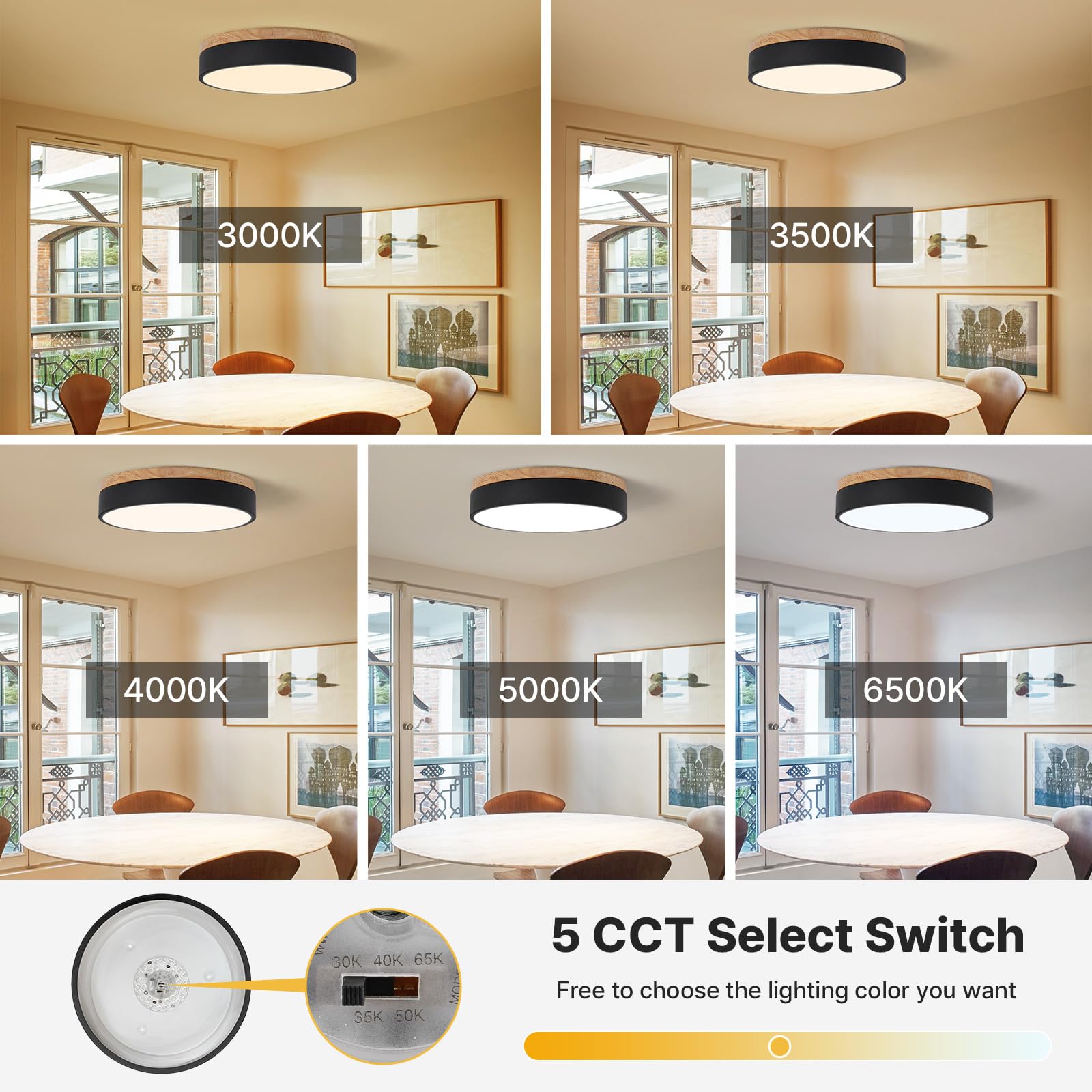 11.8 Inch LED Flush Mount Ceiling Light – 5CCT Dimmable, White Oak Wood Minimalist Design, Close-to-Ceiling Fixture