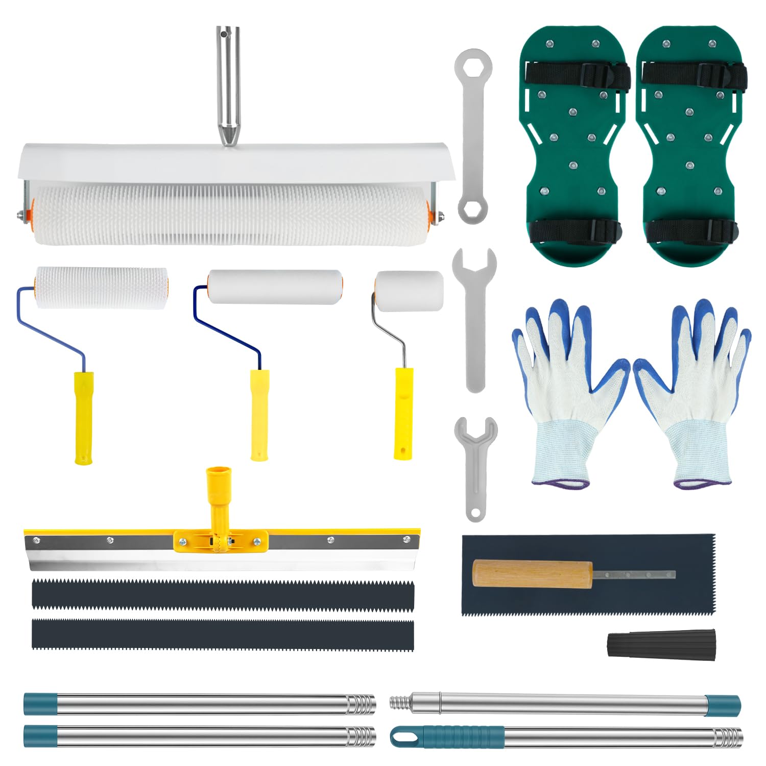 Kit di Strumenti Autolivellanti per Cemento con Rullo Frangibolle, Rullo Pittura, Scarpe Chiodate per Prato, Asta Telescopica, Spatola, Cazzuola di Guanti per Autolivellante per Pavimenti