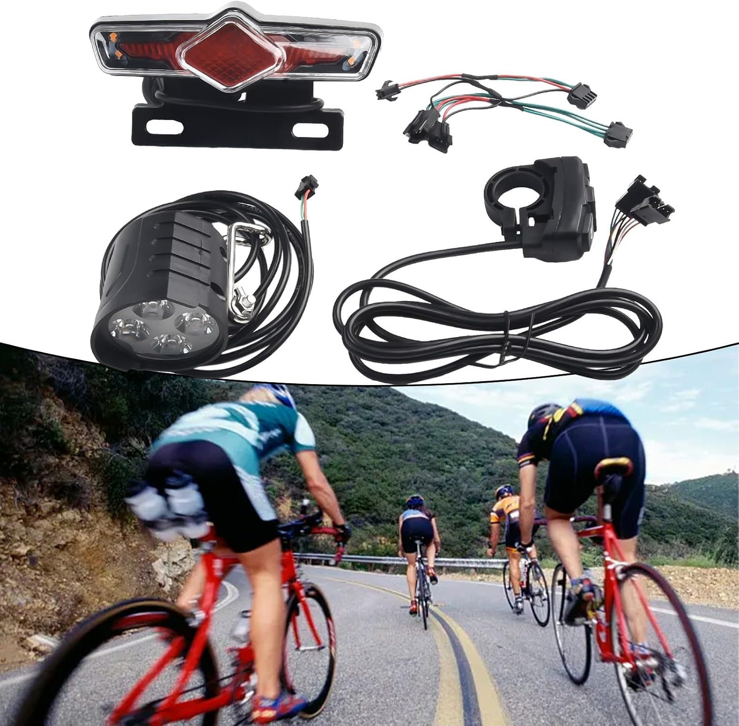 DK336 LED Front & Rear Light Set for Electric Bikes — 36V–60V, IPX4 Waterproof, 3-Pin/4-Pin Wiring, Switch Control, Compatible for E-Bike Retrofit (52×59×55mm + 147×44×42mm)