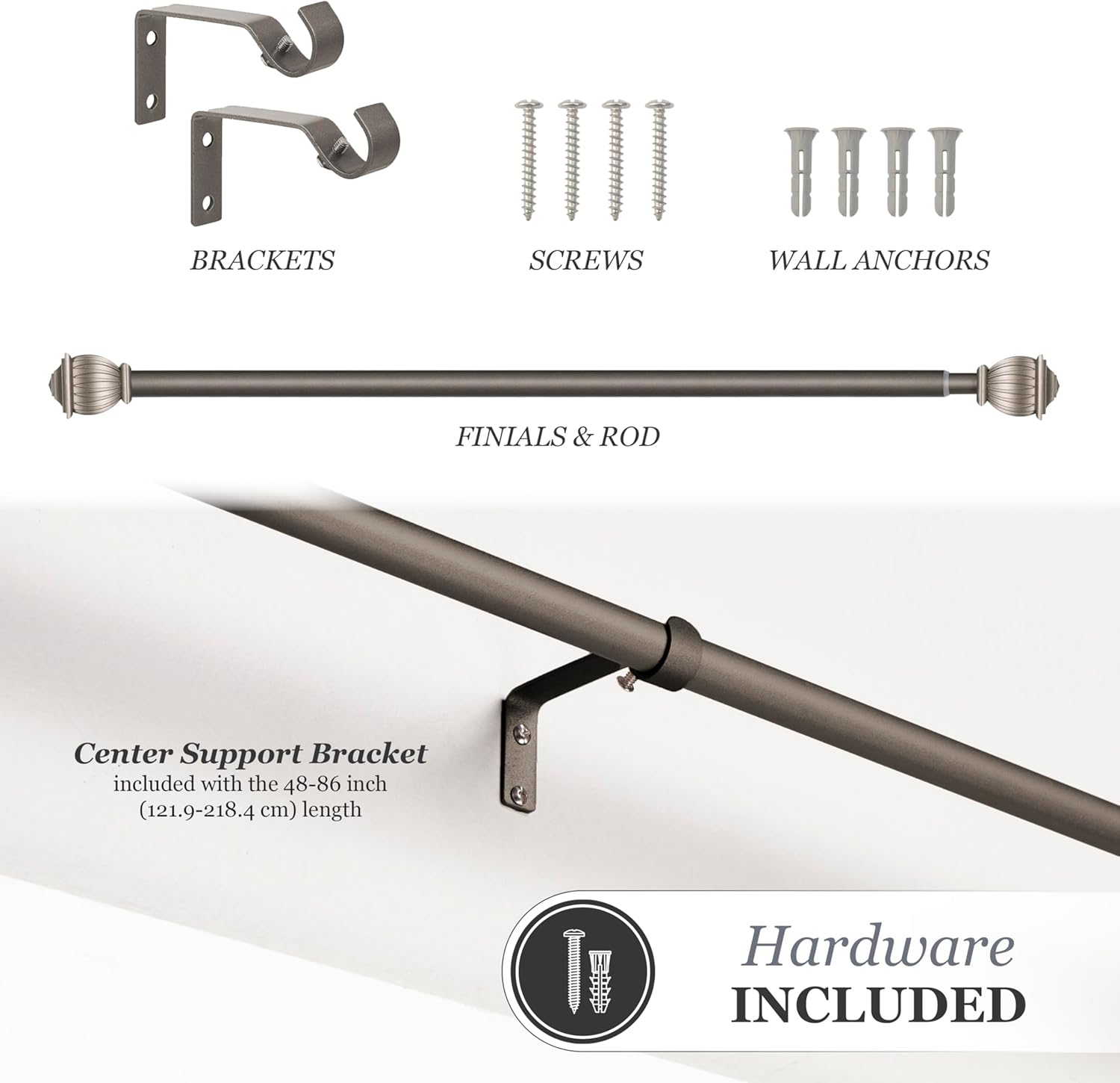 Kenney KN71674 Beckett Soft Square End Standard Decorative Window Curtain Rod, 48-86" Adjustable Length, Pewter Finish, 5/8" Diameter Steel Tube, 48"L x 86"W, 1-Pack