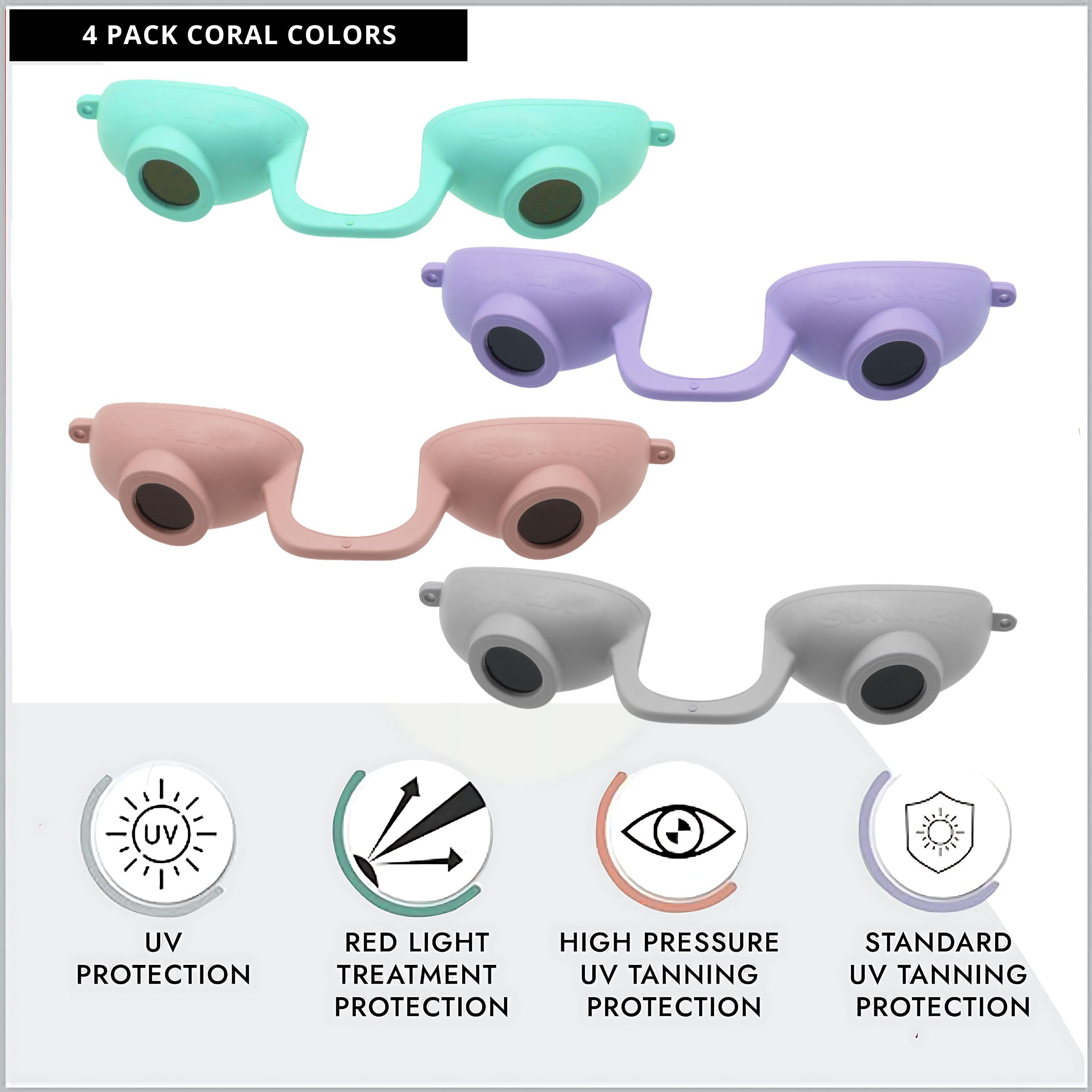 Super Sunnies EVO Flex - Protección ocular UV compatible con la FDA, protectores oculares delgados y flexibles, gafas de bronceado para cama, gafas de terapia de luz roja con correa, paquete de 4
