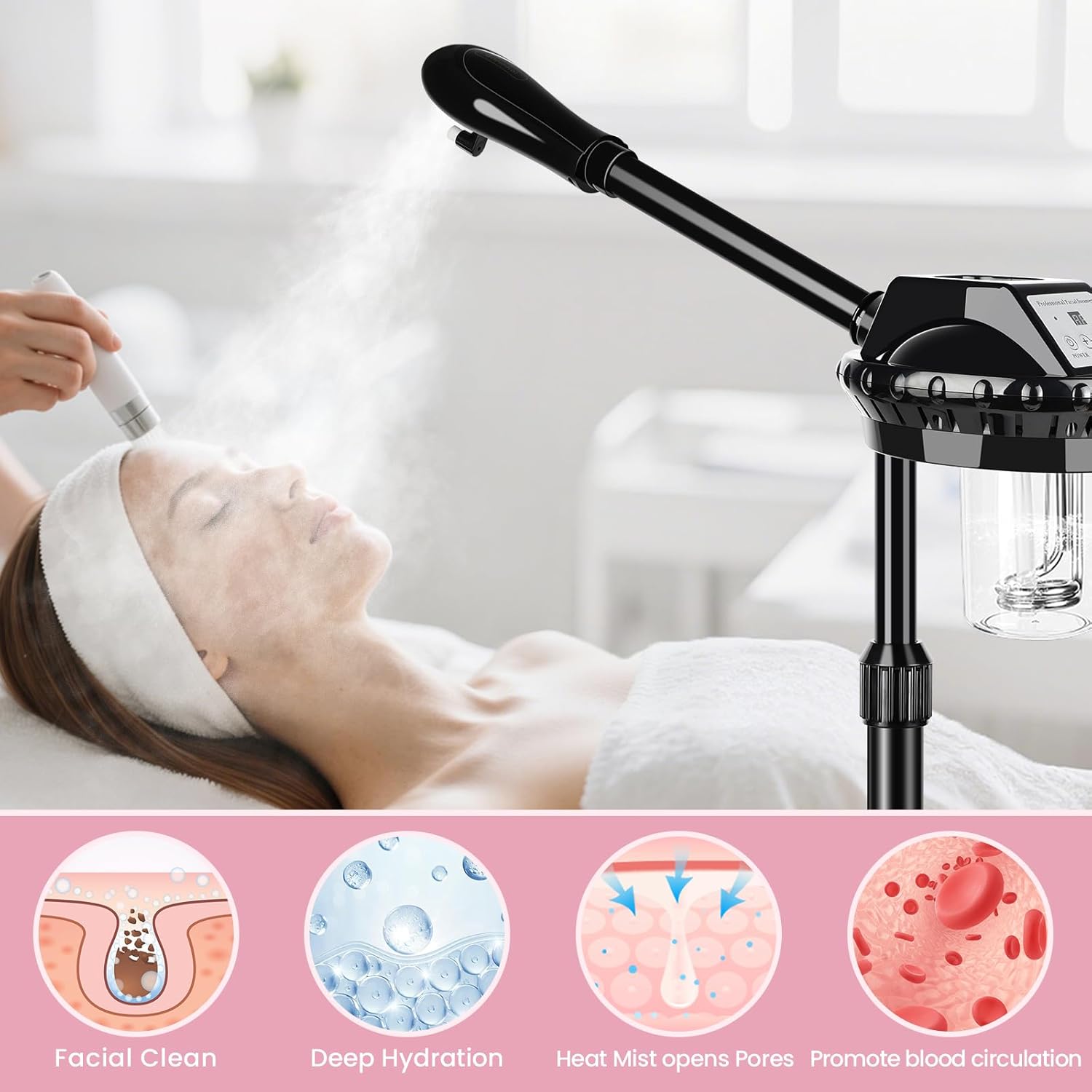 Professional Facial Steamer, Facial Steamer on Wheels with More Steam, Adjustable Height and Angle, Face Steamer for Deep Cleansing and Hydration, Estheticians Steamer for Beauty, Spa and Home Use - Image 3