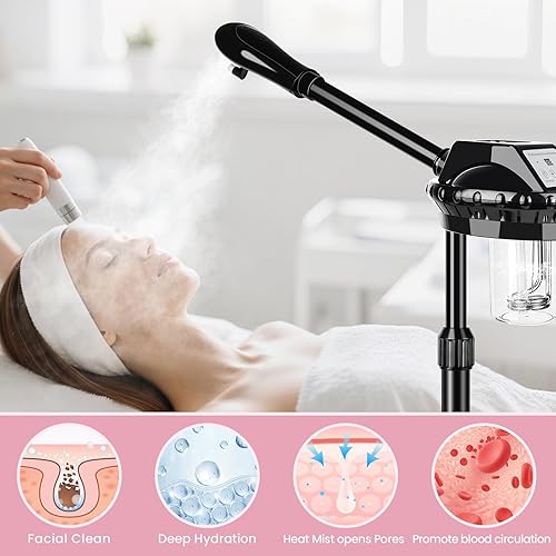 Miniatura 10 de Vaporizador facial profesional, vaporizador facial 2 en 1 sobre ruedas con lámpara de aumento 5X, vaporizador facial de ozono para limpieza profunda