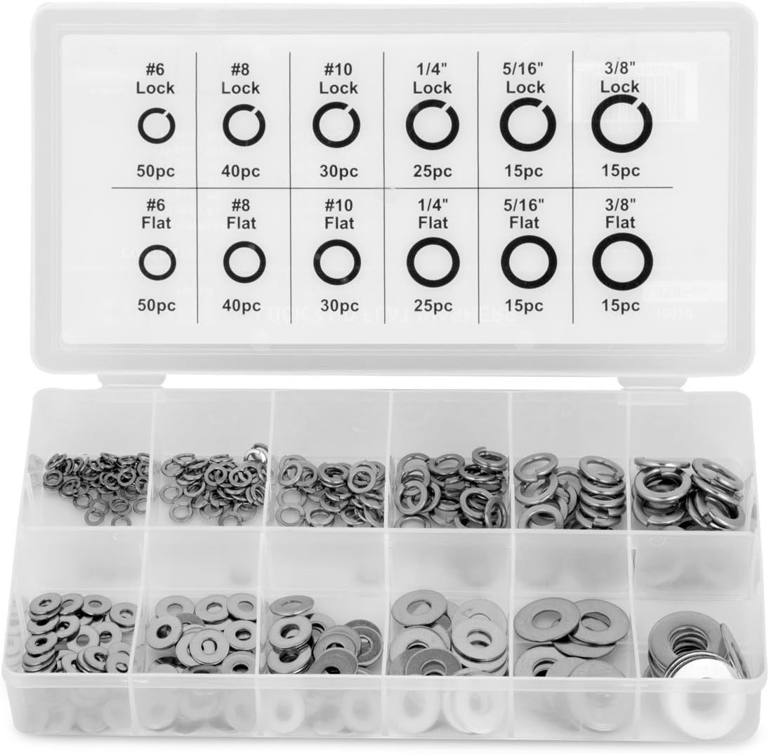 Capri Tools 10020 Flat and Lock Washers Assortment, Stainless Steel, 350-Piece