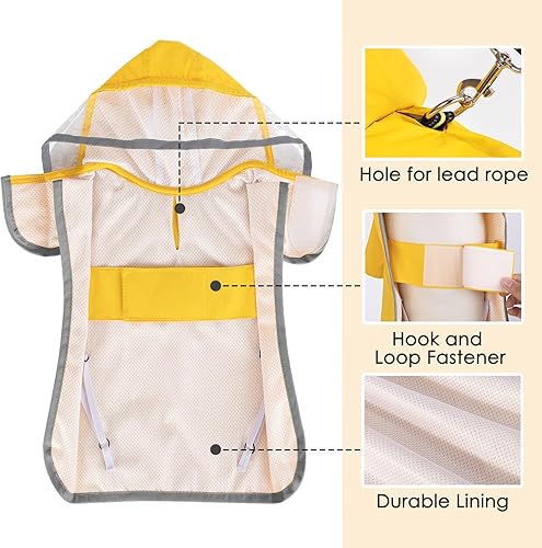 Miniatura 6 de SlowTon Impermeable para perro, chaqueta de lluvia ajustable para perro, doble capa transparente, poncho impermeable para perro con correas