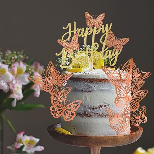 Miniatura 5 de Rsstarxi Paquete de 25 adornos de mariposa para tartas Decoración 3D para cupcakes con purpurina Suministros de fiesta para niños Oro rosa
