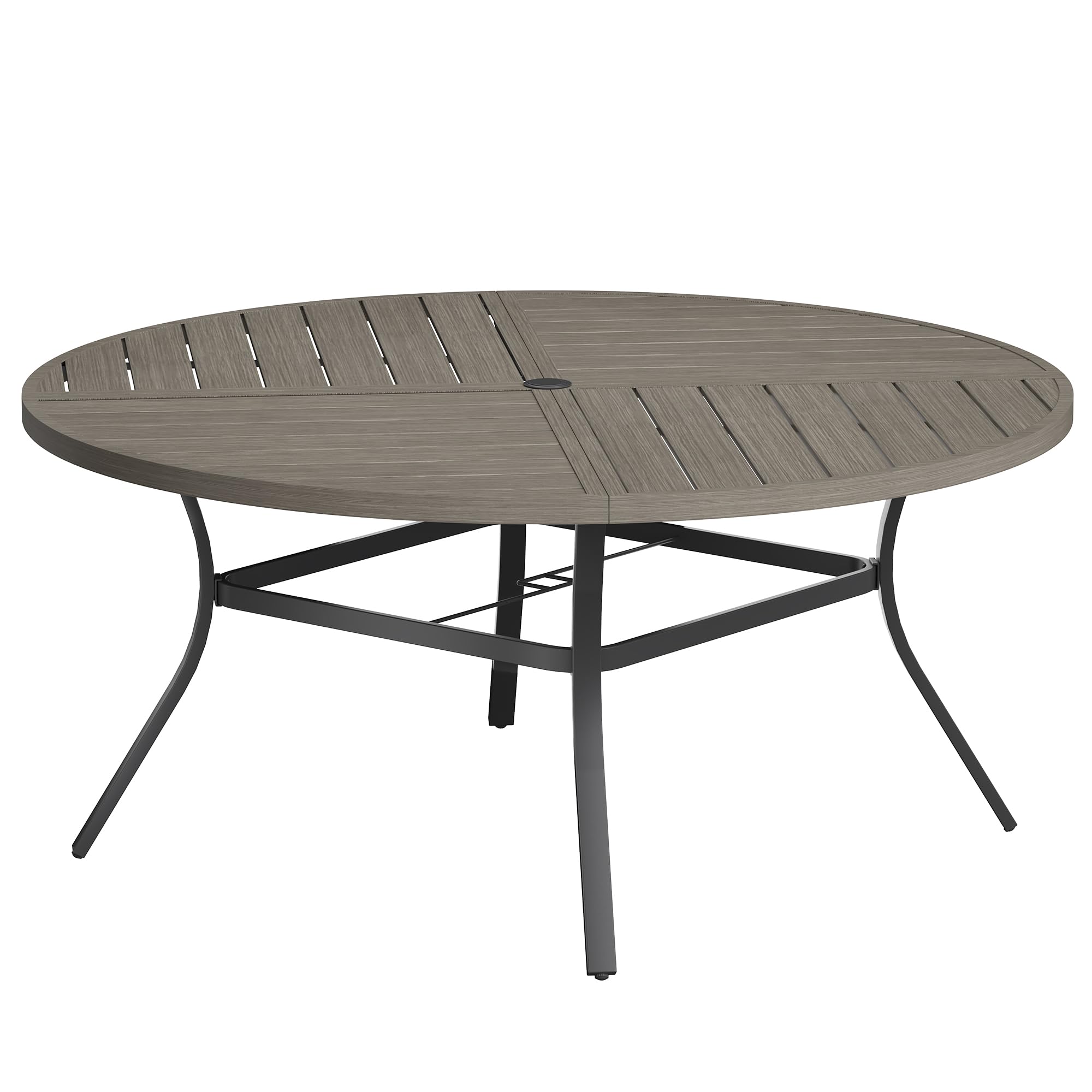 VICLLAX Round Patio Table with Adjustable Umbrella Hole for 8, All Weather Metal Outdoor Dining Table for Lawn Garden, 59.8" Outdoor Coffee Table, Grey Wood-Like Tabletop