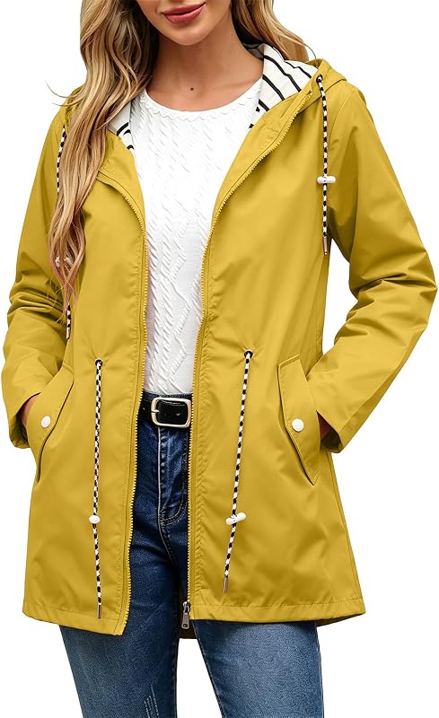 maisdgop Rain Jacket Women Striped Lined Drawstring Waist Windbreaker