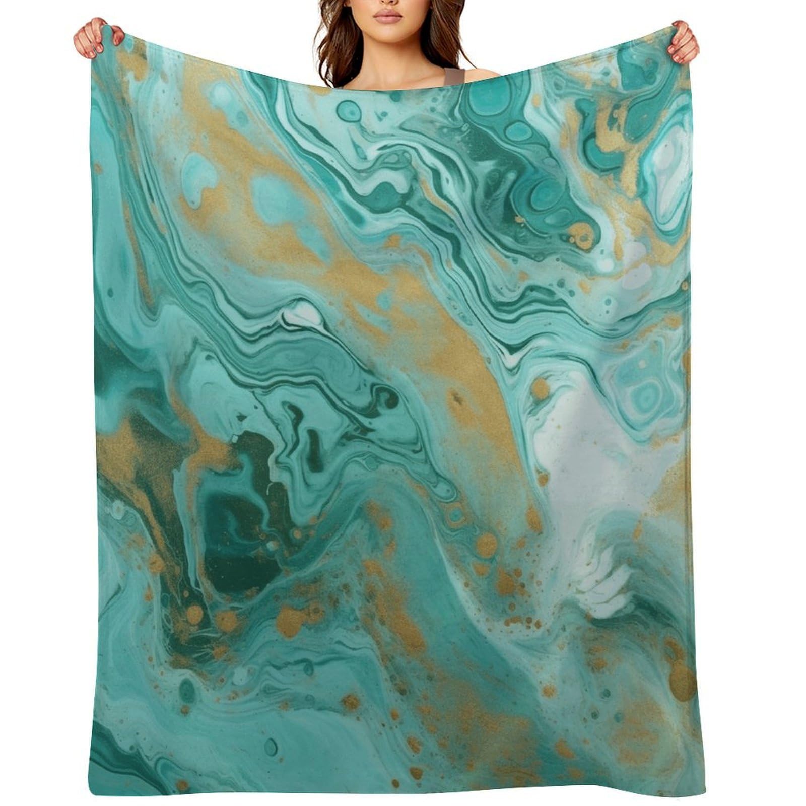 Flannel Fleece Throw Blanket - 30"x40" Super Soft Plush,Lightweight Wrinkle Resistant Cozy Teal and Gold Marble Blanket for Couch Sofa Bed Travel Camping and Gift