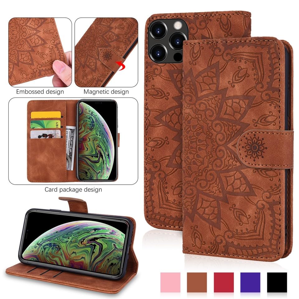 Étui portefeuille iPhone 14 marron en cuir avec clapet magnétique