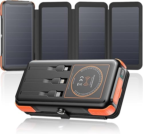 SOARAISE Banco de energía solar inalámbrico, cargador solar de 25000 mAh con 3 cables integrados, salidas duales, 4 paneles solares y 3 linternas