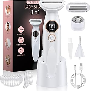 3 in 1 Bikini Trimmer for Women, Electric Razors for Women with Display, Painless Bikini Trimmer, USB Charging, Electric Shaver for Woman,Shaver for Woman for Face, IPX7 Waterproof,White