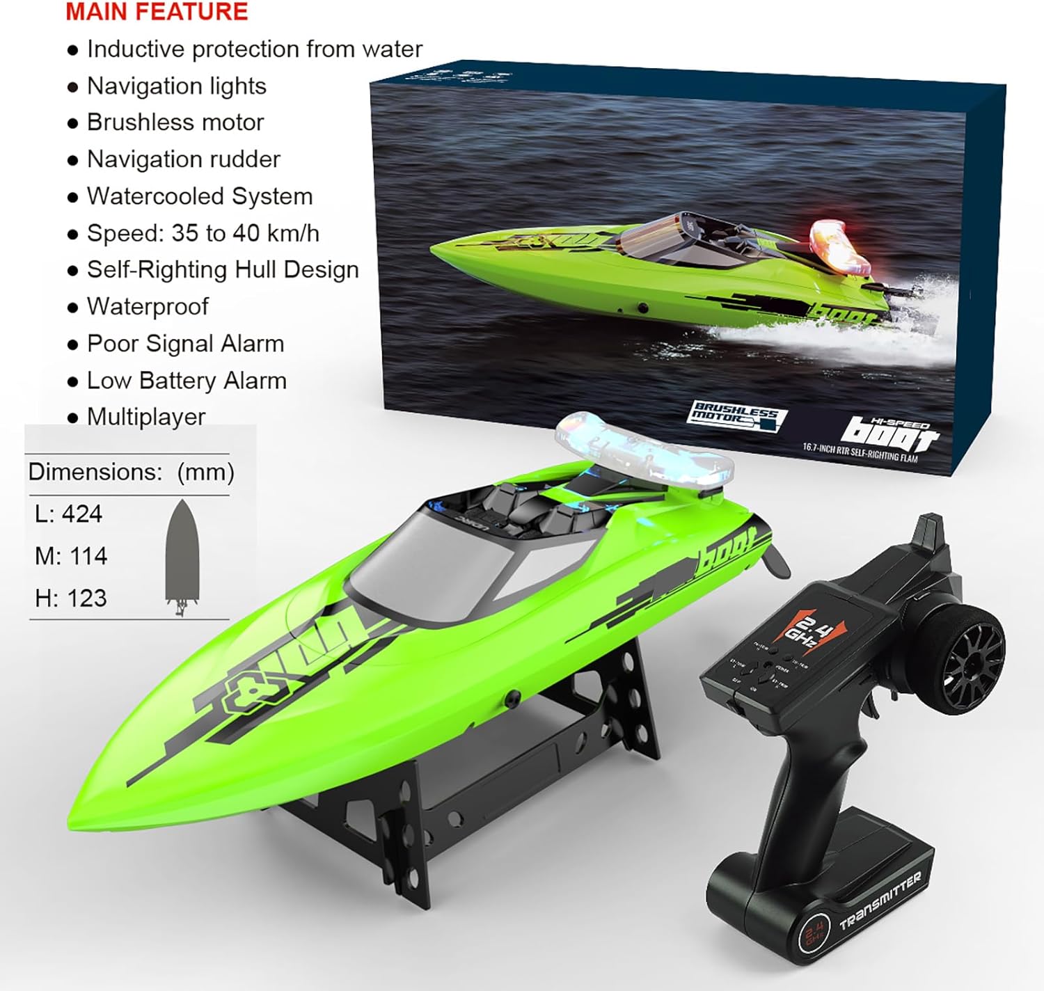 UDI021 Brushless Hobby Remote Control Speed Boat 2.4G 35-40km/h RC Racing Watercraft Submarine with LED ights for Adults 14y+ Favor 2Batteries