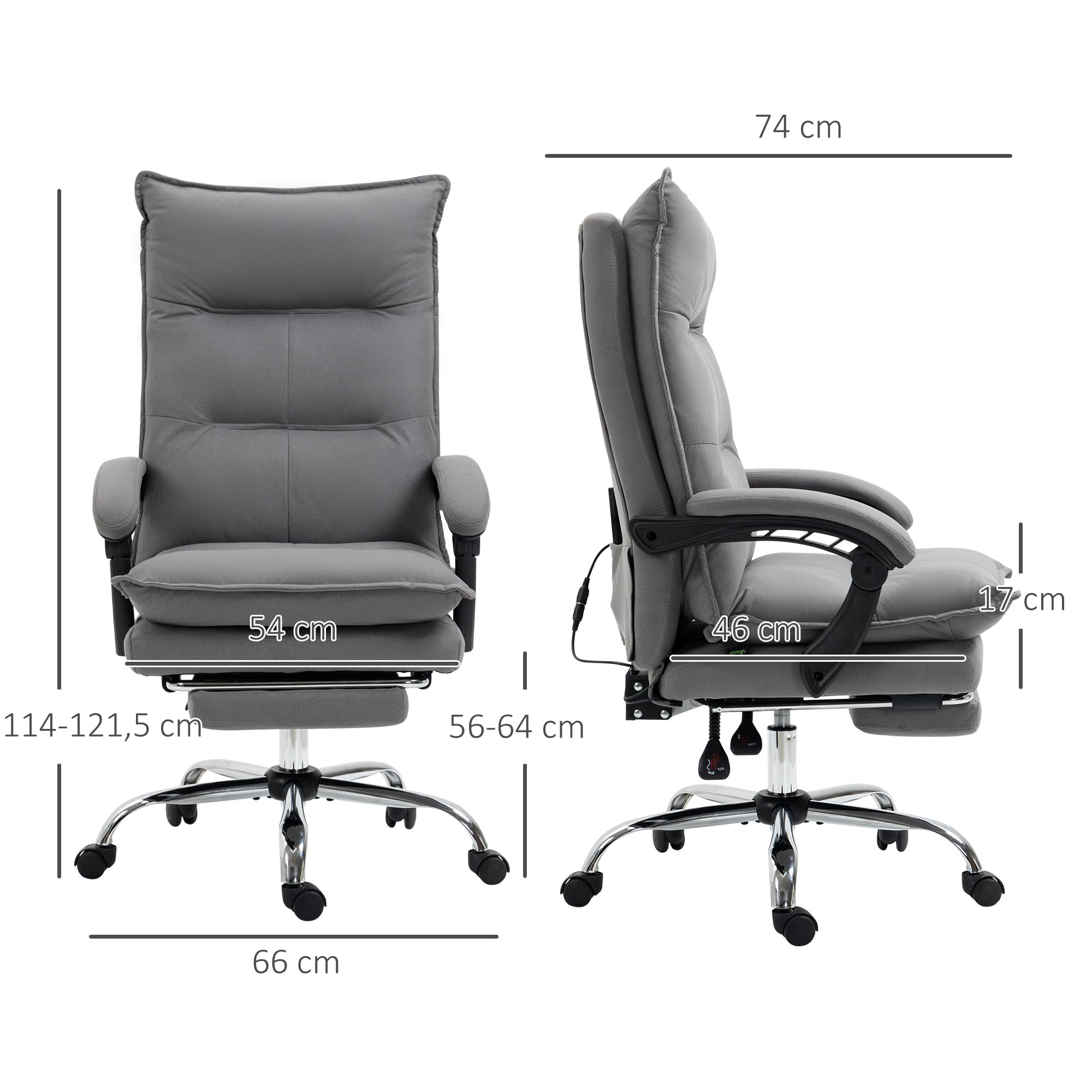 Vinsetto Bürostuhl mit Massagefunktion, ergonomisch höhenverstellbar, Nylon, Polyester, Grau, 68x72x110-120cm