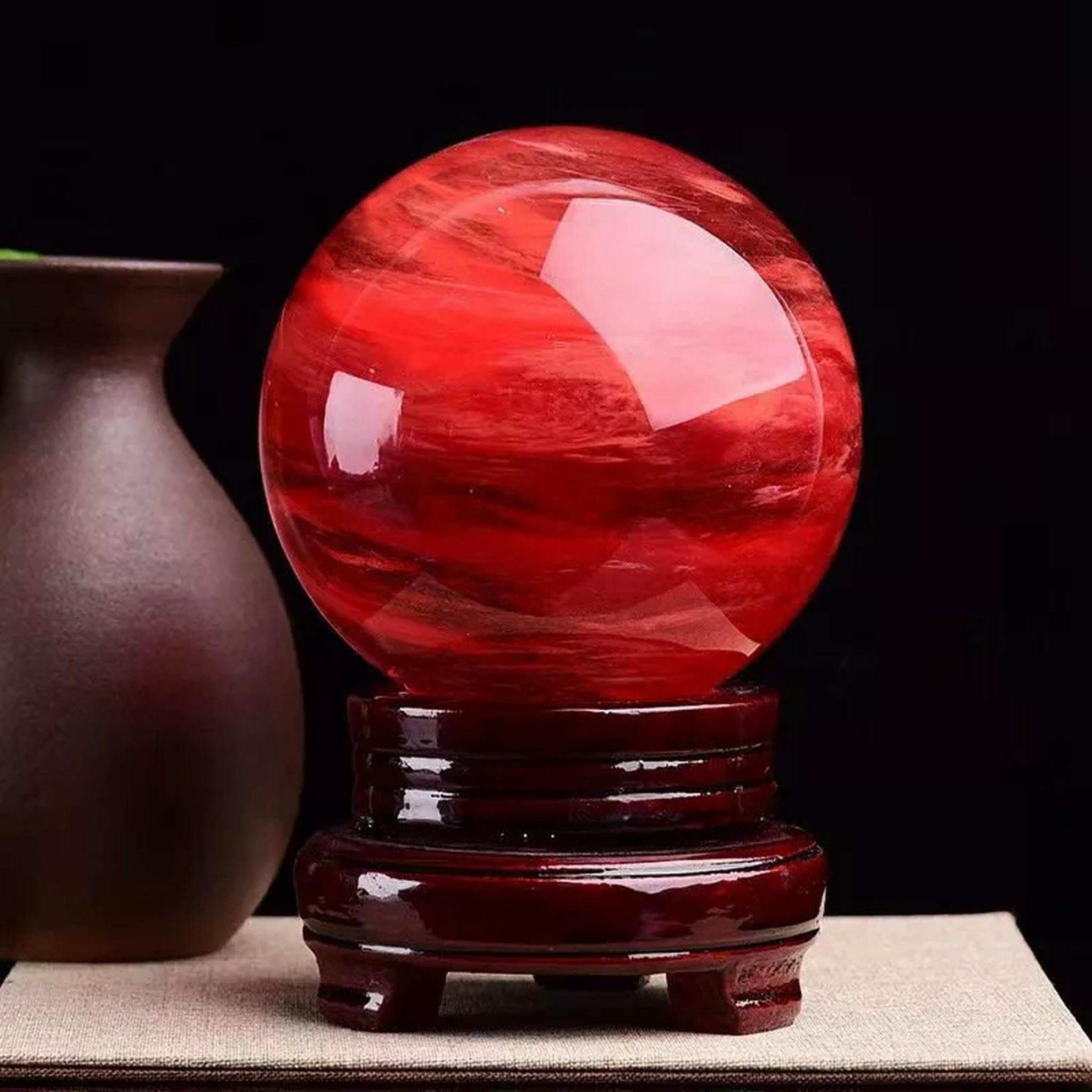 Sfera di Quarzo Rosso Grezzo Naturale da 80 mm, Sfera di Cristallo con Supporto