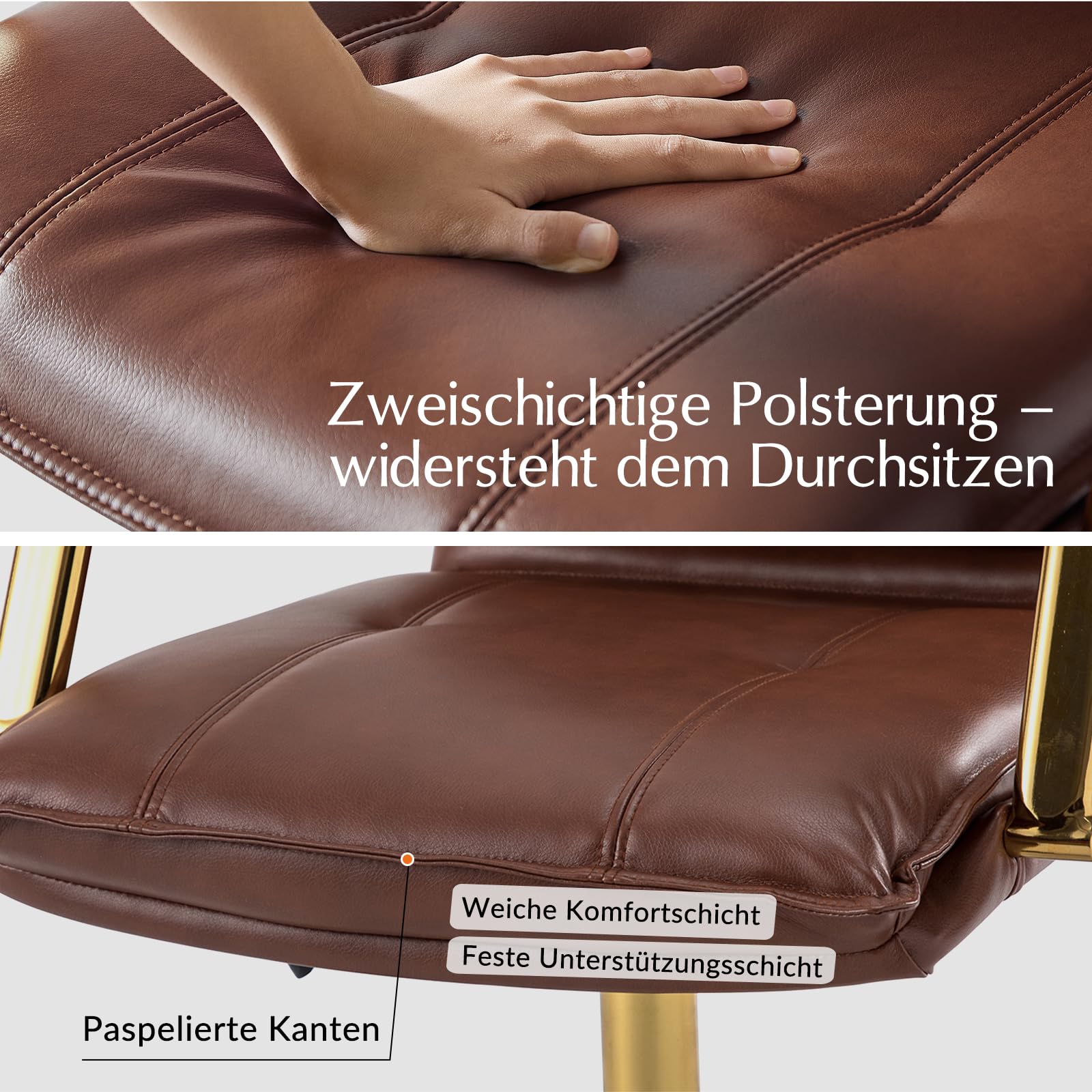 HULALA HOME Moderner Bürostuhl mit Armlehnen höhenverstellbarem Schreibtischstuhl Drehstuhl aus Kunstleder mit 5-Rad-Rolle stabile Metallbasis, Braun