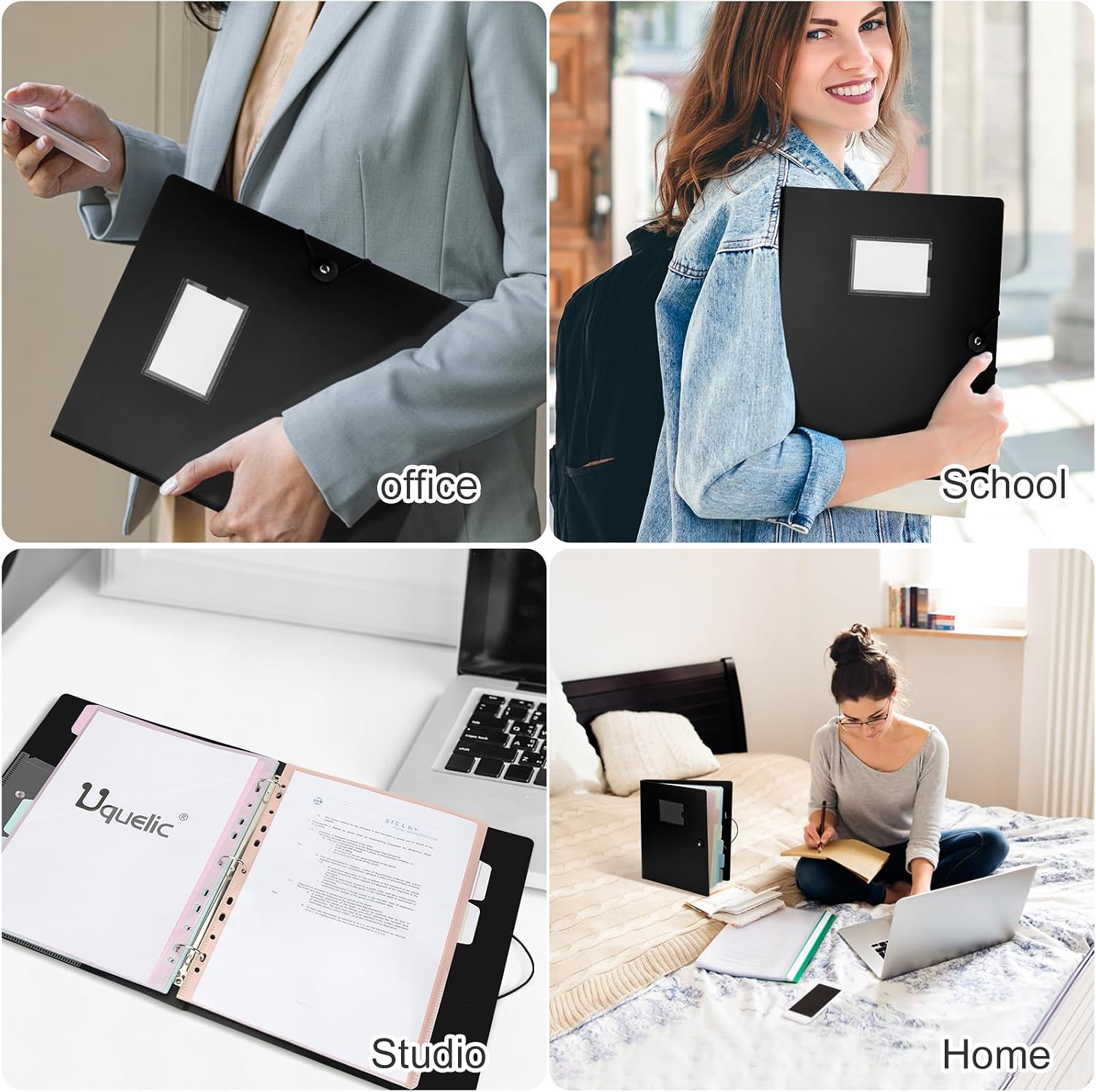 Uquelic Binder with Dividers, Project Organizer with 12 Pockets & Clear Pouch, Folder Binder Elastic Closure, for Letter Size Documents, School, Office - Macaron Inner Pages