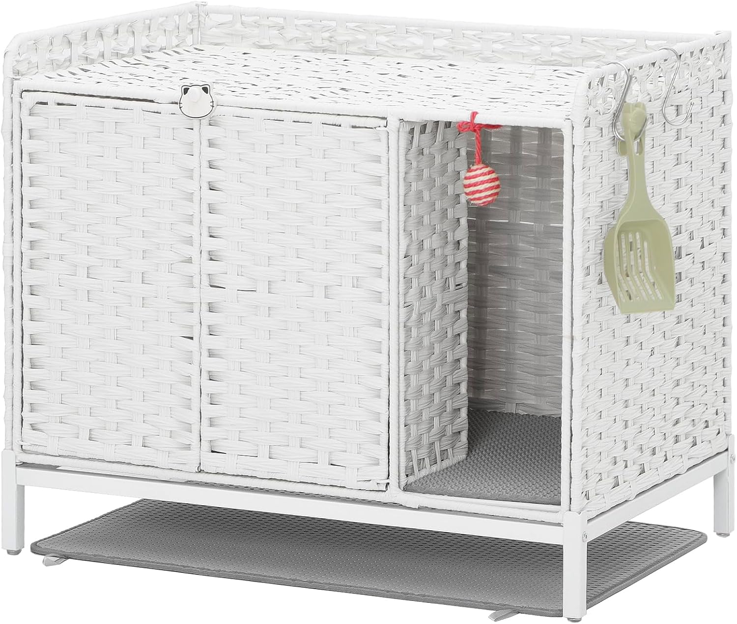Cat Litter Box Enclosure, Cat Litter Box Enclosure Furniture with Cat Litter Mat, Handwoven Rattan Cat House with Metal Heightened Feet, 31.2×19.6×24.2 Inches Living Room, Bedroom（White）