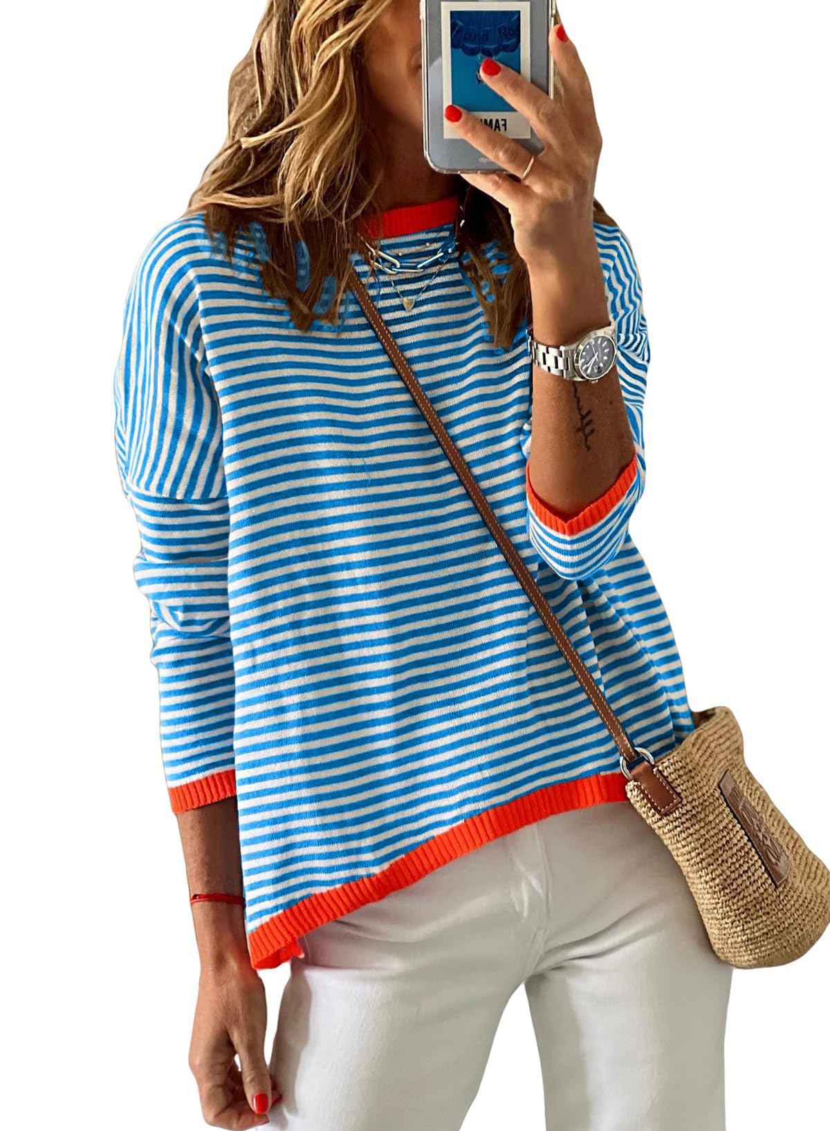 Womens Striped Lightweight Cotton Sweaters Long Sleeve Crew Neck Color Block Casual Knitted Pullover Tops