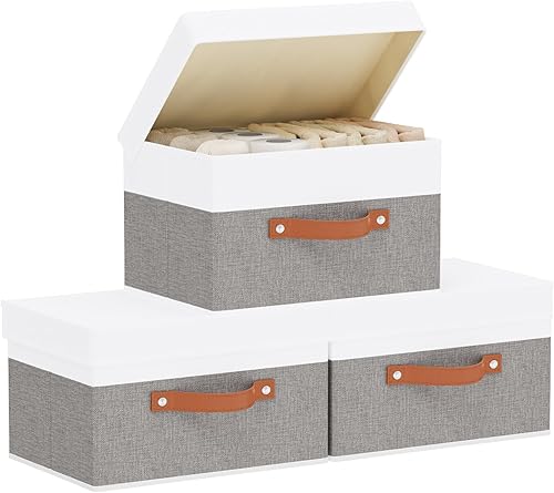 Cestas de almacenamiento con tapas, cajas organizadoras de armario, estantes plegables con asas, color blanco y gris, paquete de 3, 13 x 9.1 x 7.9