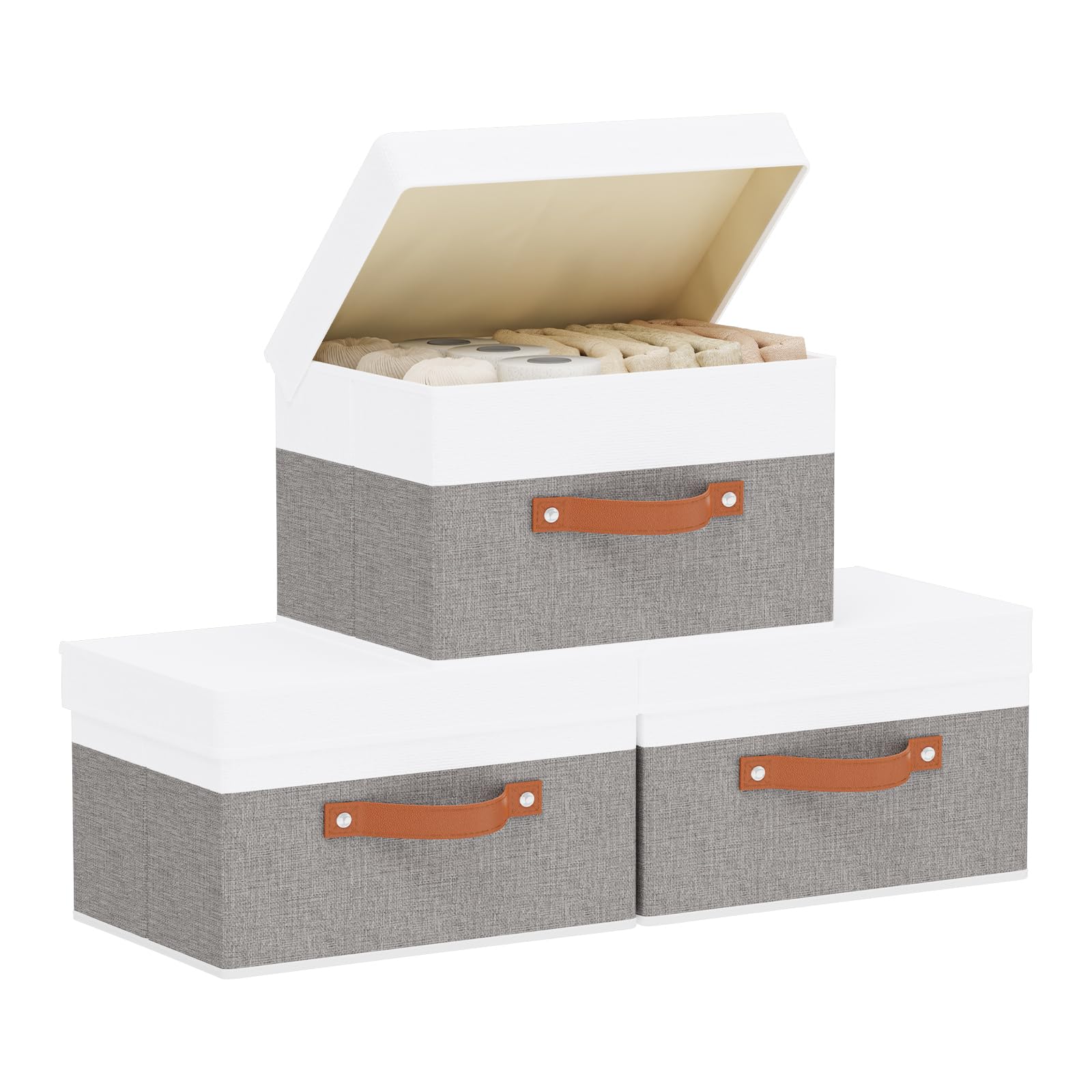 YheenLf Storage Baskets with Lids, Closet Organizer Boxes, Foldable Shelves Storage Bins with Handles, White and Grey, 3 Pack, 13 x 9.1 x 7.9 Inch