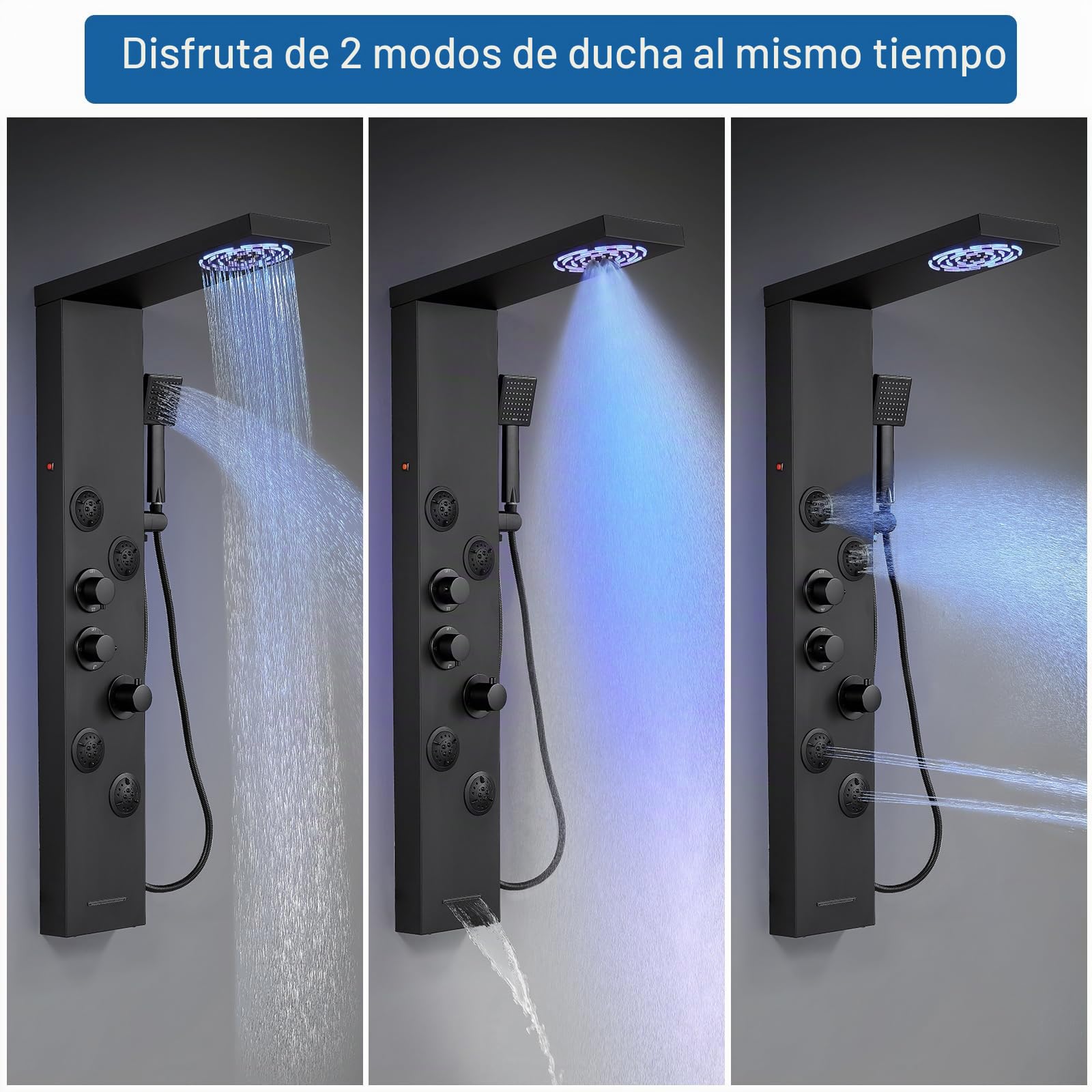 Sistema termostático de panel de ducha – 6 modos de columna de ducha con LED lluvia y niebla, 4 chorros de cuerpo de masaje, auricular y boquilla de baño, acero inoxidable, negro mate