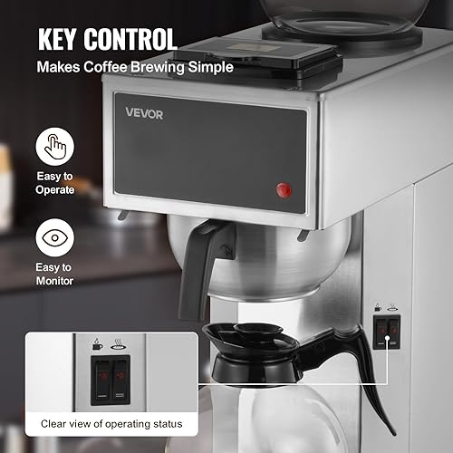 Miniatura 4 de VEVOR Cafetera comercial de goteo, cafetera de 12 tazas con 2 jarras de vidrio y 2 platos calentadores de decantador, cafetera de acero inoxidable
