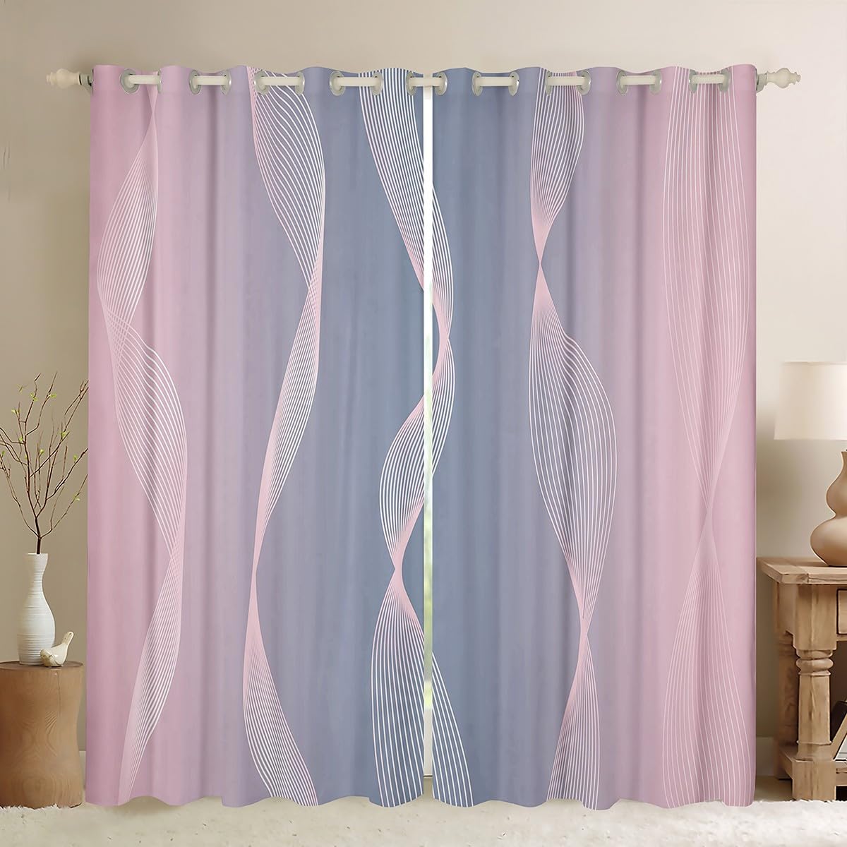 Homewish Gradient Pink and Grey Blackout Curtains Ombre 2 Panels 66" Wx72 L Curtains & Drapes,Trippy Spiral Silver Wave Line Curtains,Abstract Art Room Decor Aesthetic - Image 2