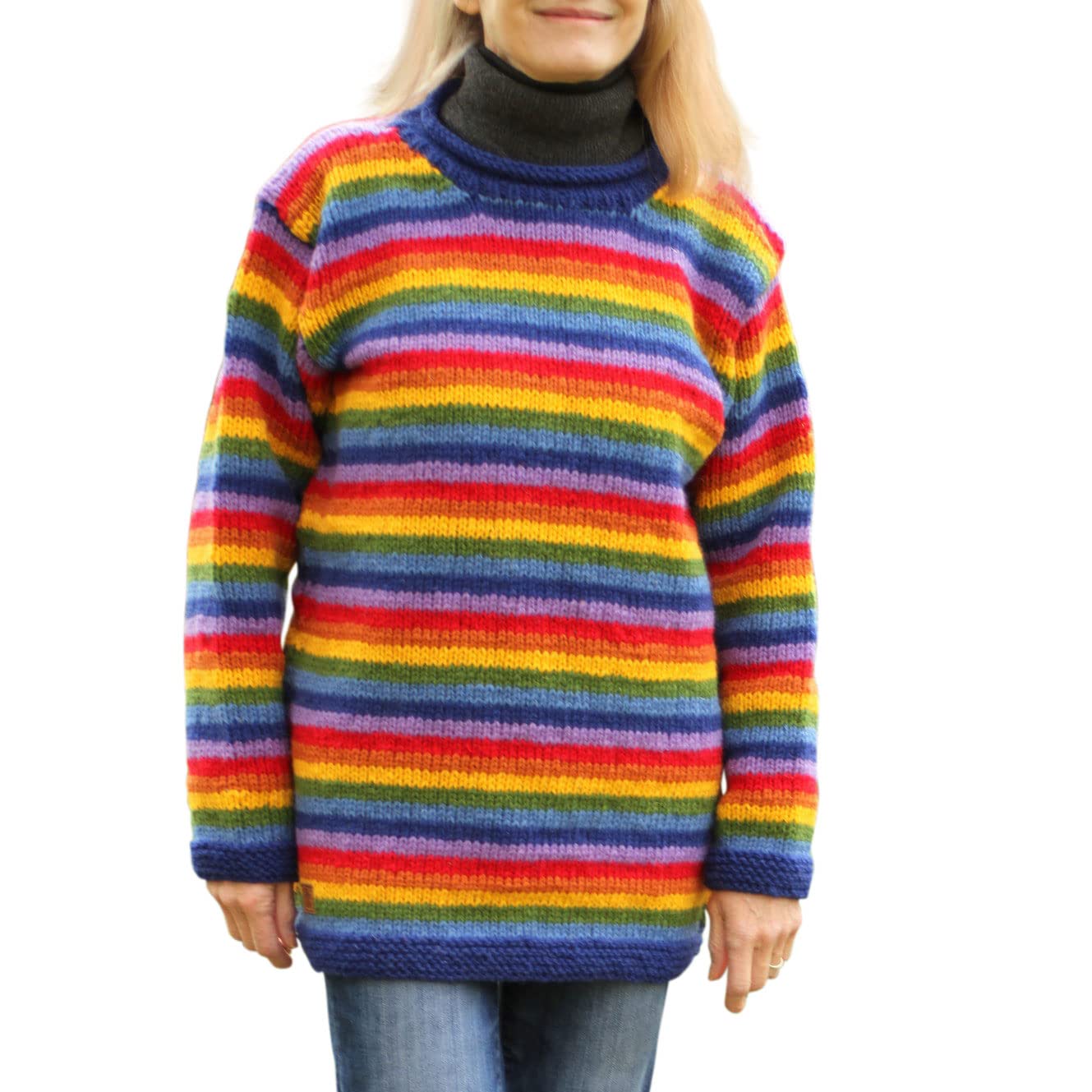 Pachamama Women Wool Jumper Handknitted Rainbow Colours Stripe Multicoloured Handmade Extra Warm Sweater Fair Trade (as8, Alpha, m, Regular, Regular)