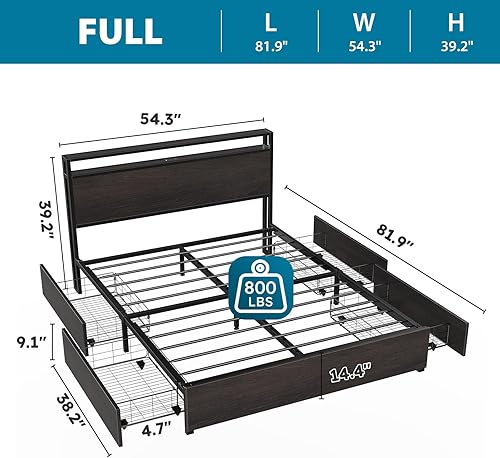 Miniatura 3 de Base de cama de tamaño matrimonial con cabecero, plataforma LED con 4 cajones de almacenamiento, estación de carga integrada, sin ruido, base de
