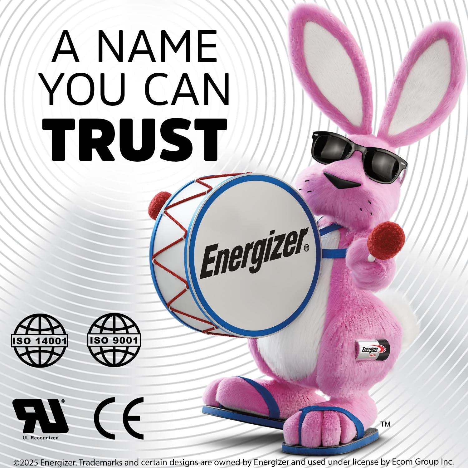 Energizer bunny mascot with ISO 14001, ISO 9001, UL Recognized, and CE logos