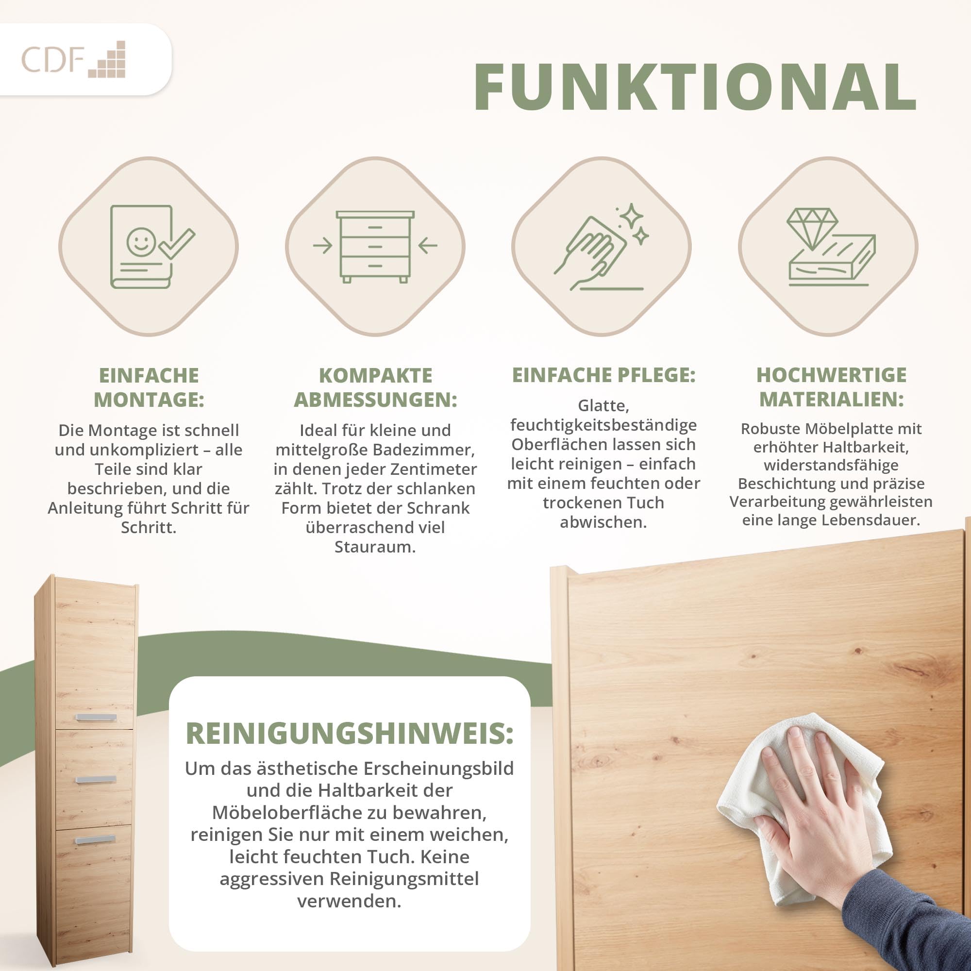 CDF Hochschrank SCHMAL HOCH-Schrank Badschrank 40cm Breit Badezimmerschrank | Nischenschrank Badmöbel für Kosmetik Handtücher Badezimmer Bad WC Toilette Flur Stehend Eiche Artisan | 30x40x170