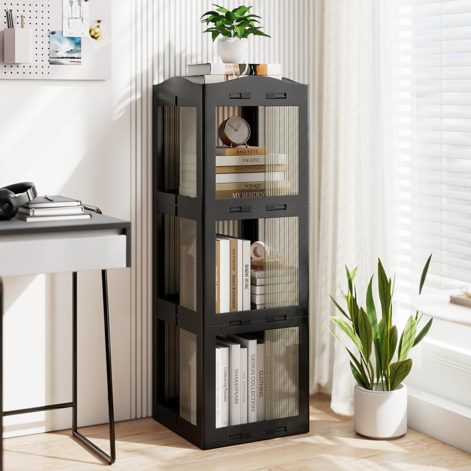 RELAX4LIFE Libreria Girevole a 360°, Scaffale a 3/4/5 Livelli con Pannelli Trasparenti e Base Girevole, Mobile Contenitore per Camera da Letto, Soggiorno e Ufficio in Casa (Nero,3 Livelli)