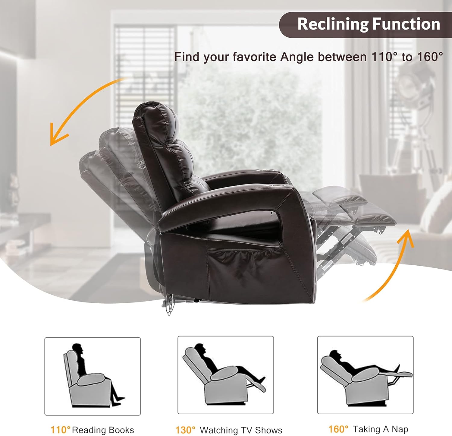 Power Recliner with USB Charge Port and 2 Cup Holders Home Theater Seating PU Leather Modern Lounge Chair for Living Room Single Sofa Reading Chair