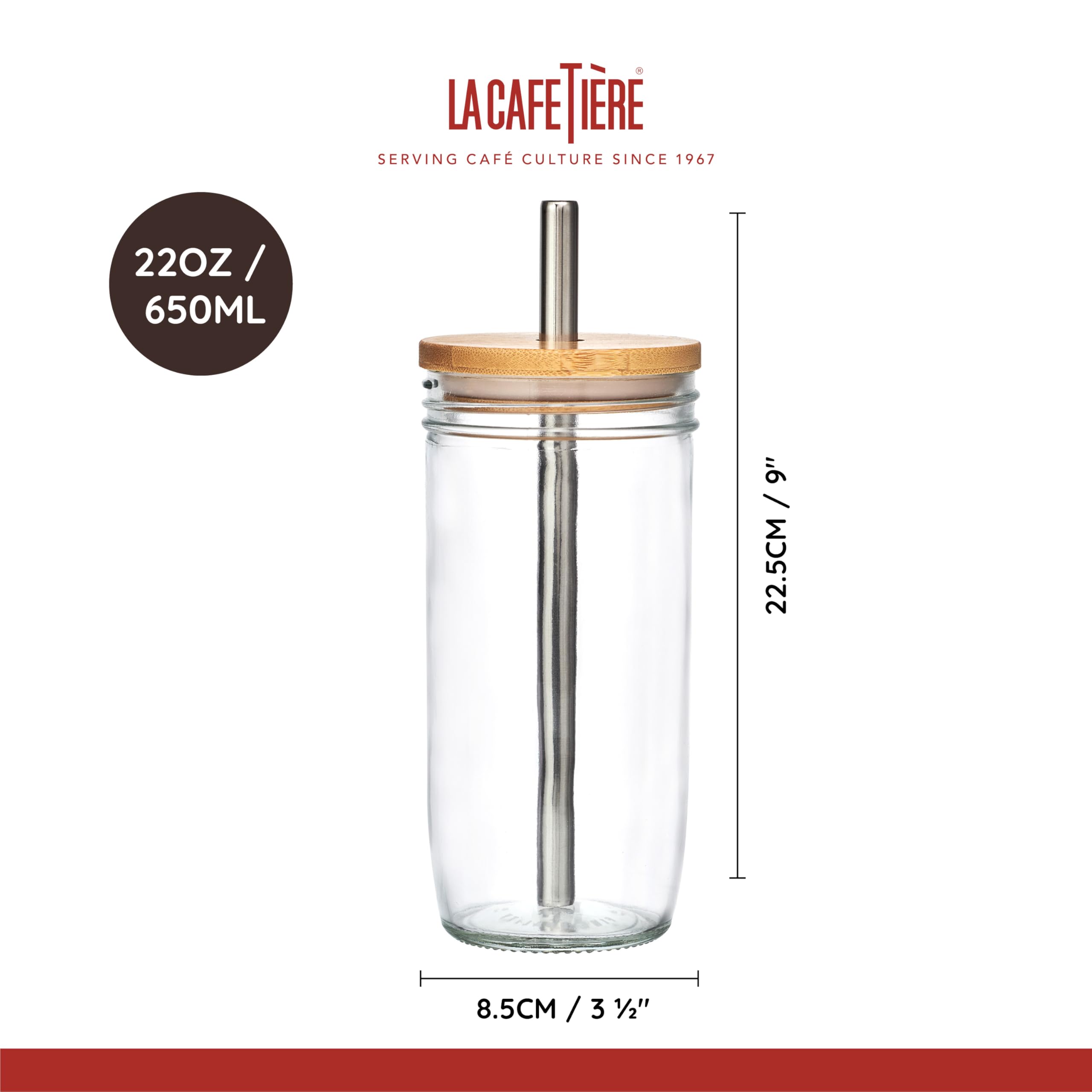 La Cafetière - Tumbler da 650 ml, in vetro trasparente con cannuccia in acciaio inox, riutilizzabile, ideale per bubble tea, frullati, frappè, latte macchiato freddo e bevande fredde