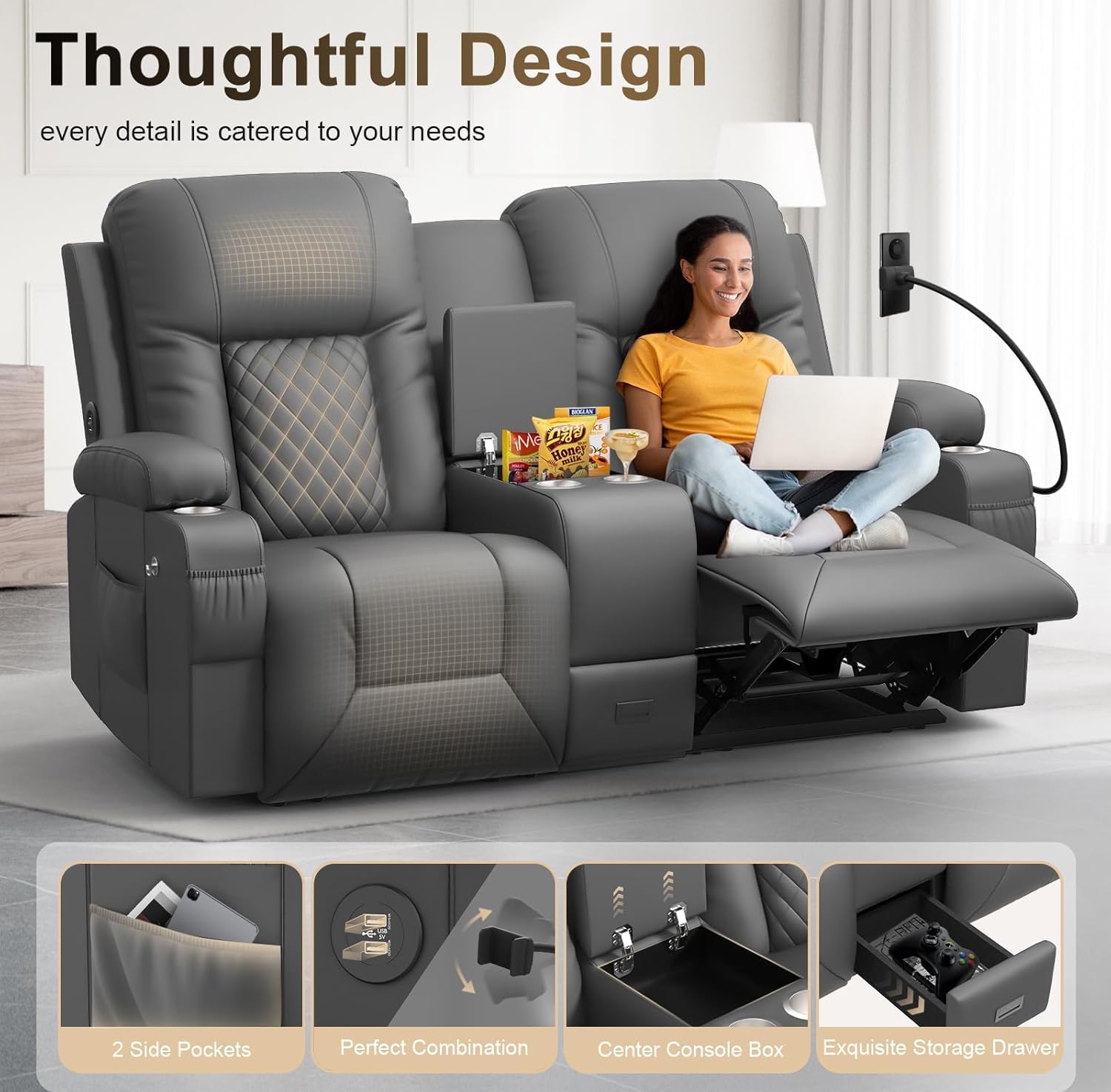 YONISEE Large Loveseat Recliner, Loveseat Recliner Sofa with Storage Console, Recliner Chair with USB Ports, 2 Cell Phone Holders, Cup Holder, Loveseat Couch for Living Room (Dark Gray)