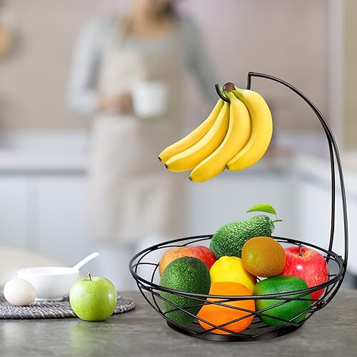 Miniatura 9 de Cesta de frutas  Frutero de 2 niveles con colgador de plátano para encimera de cocina  Elegante negro