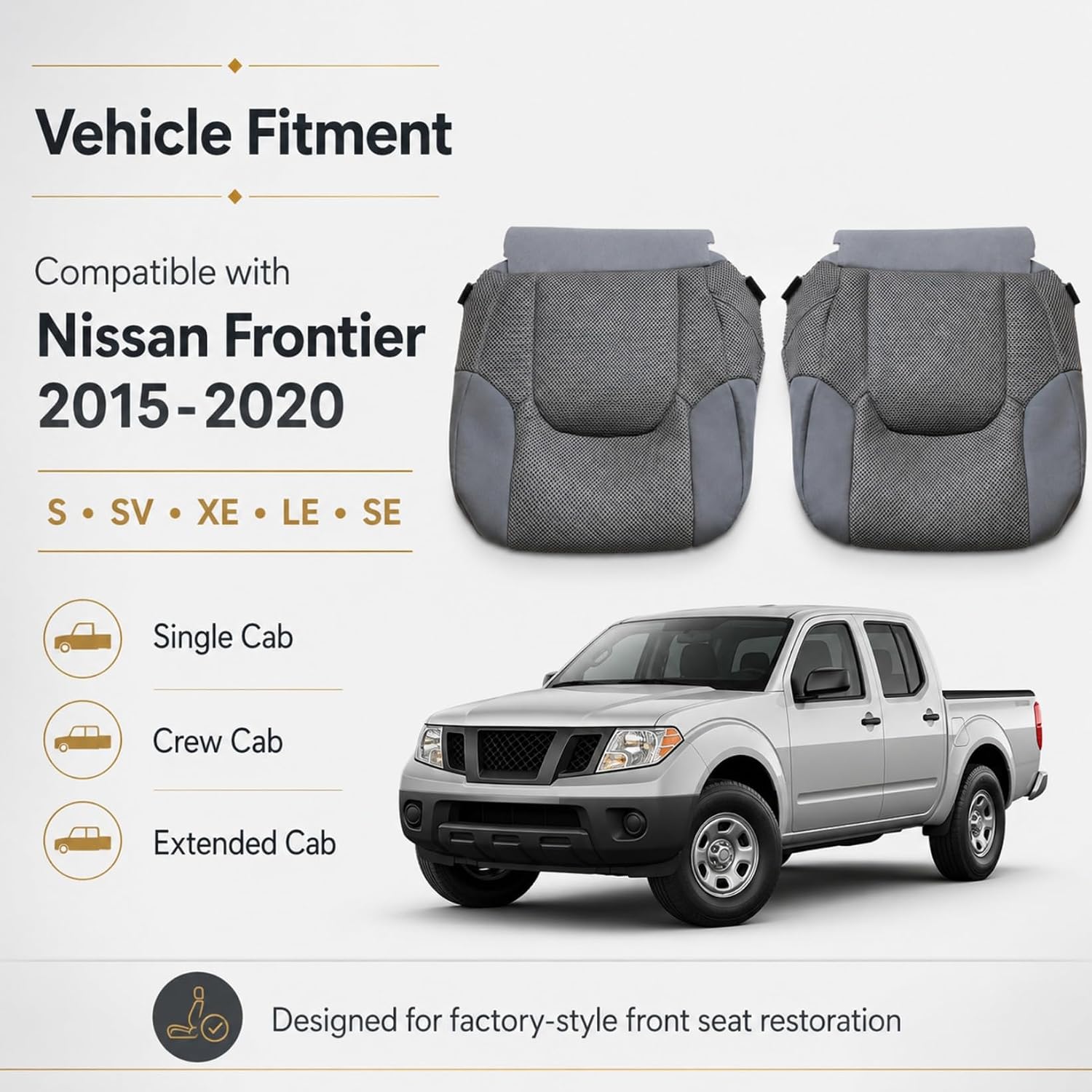 NLQR Front Driver and Passenger Side Bottom Replacement Seat Covers Cloth Gray Compatible with Nissan Frontier SV Crew Cab 2015 2016 2017 2018 2019 2020