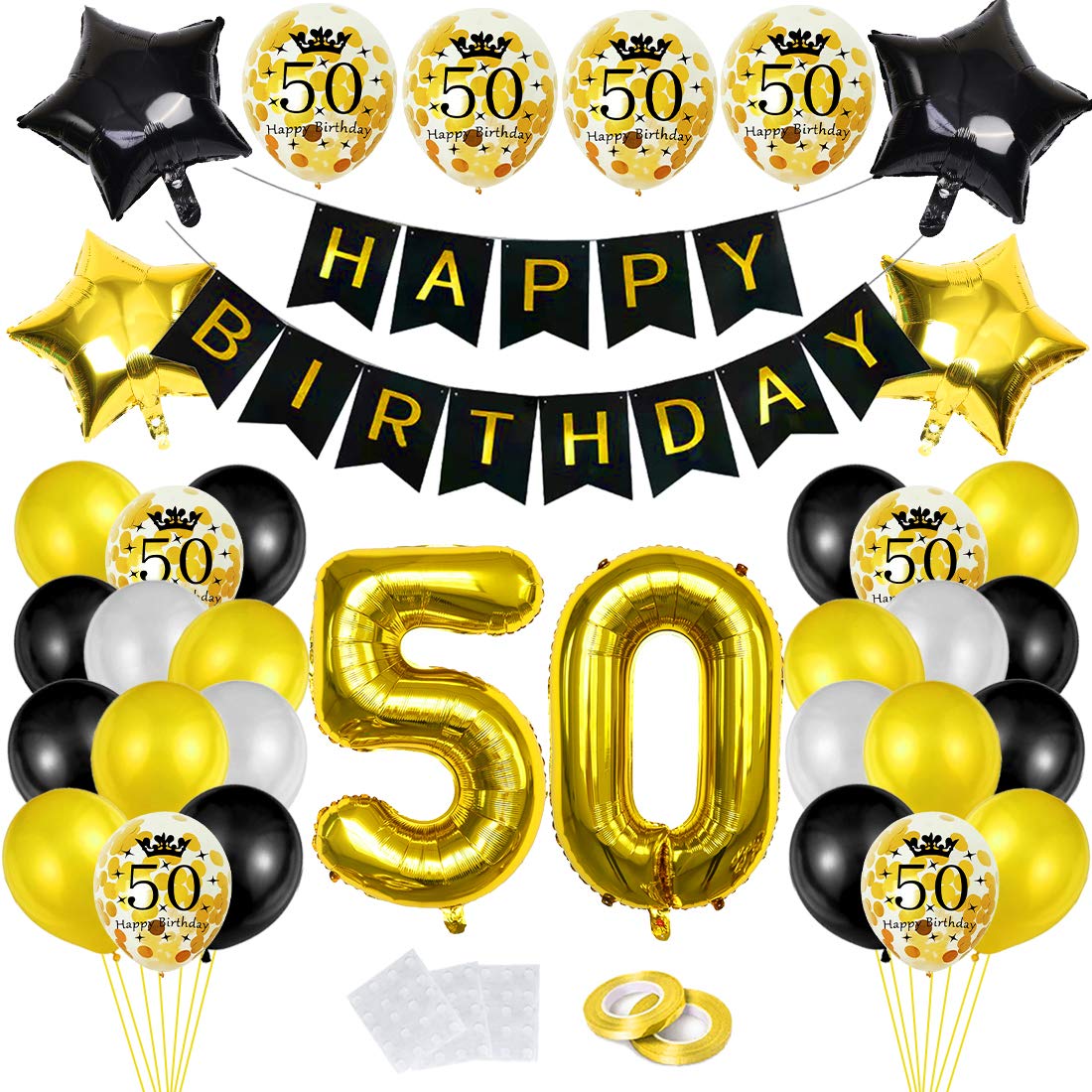 Decoration Anniversaire 50 Ans TYXHXTF Décoration Anniversaire 50 Ans - 39 Pièces Or Et Noir - Centers De Table 3D - Happy Birthday Decoration Table Bapteme