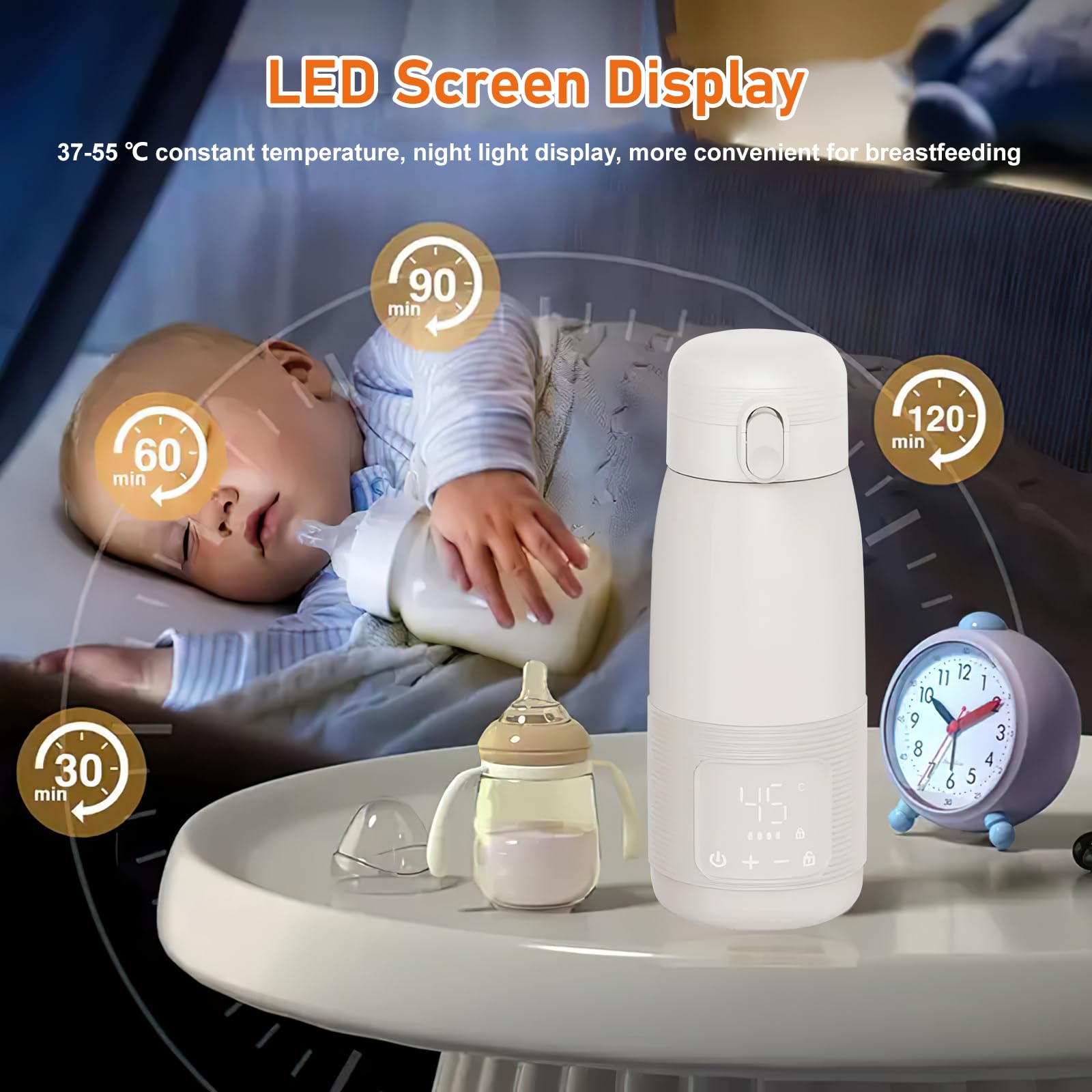 Podgrzewacz do Butelek, 500 ml Podgrzewacz do Butelek dla Dzieci w Podróży | Przenośny Precyzyjna Regulacja Temperatury od 37 do 55 Stopni Regulacja do Nocnego Karmienia w Podróży